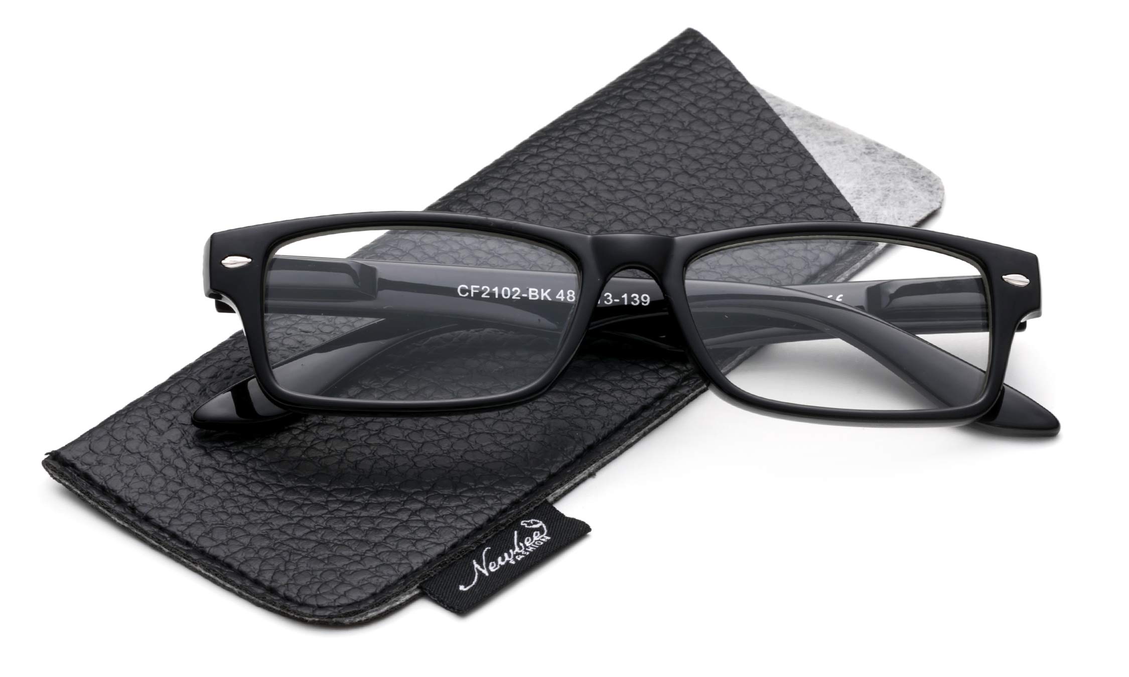 Black Frame Clear Lens Glasses for Men & Women - Spring Hinged Rectangular Eyewear with Pouch for Work & Reading