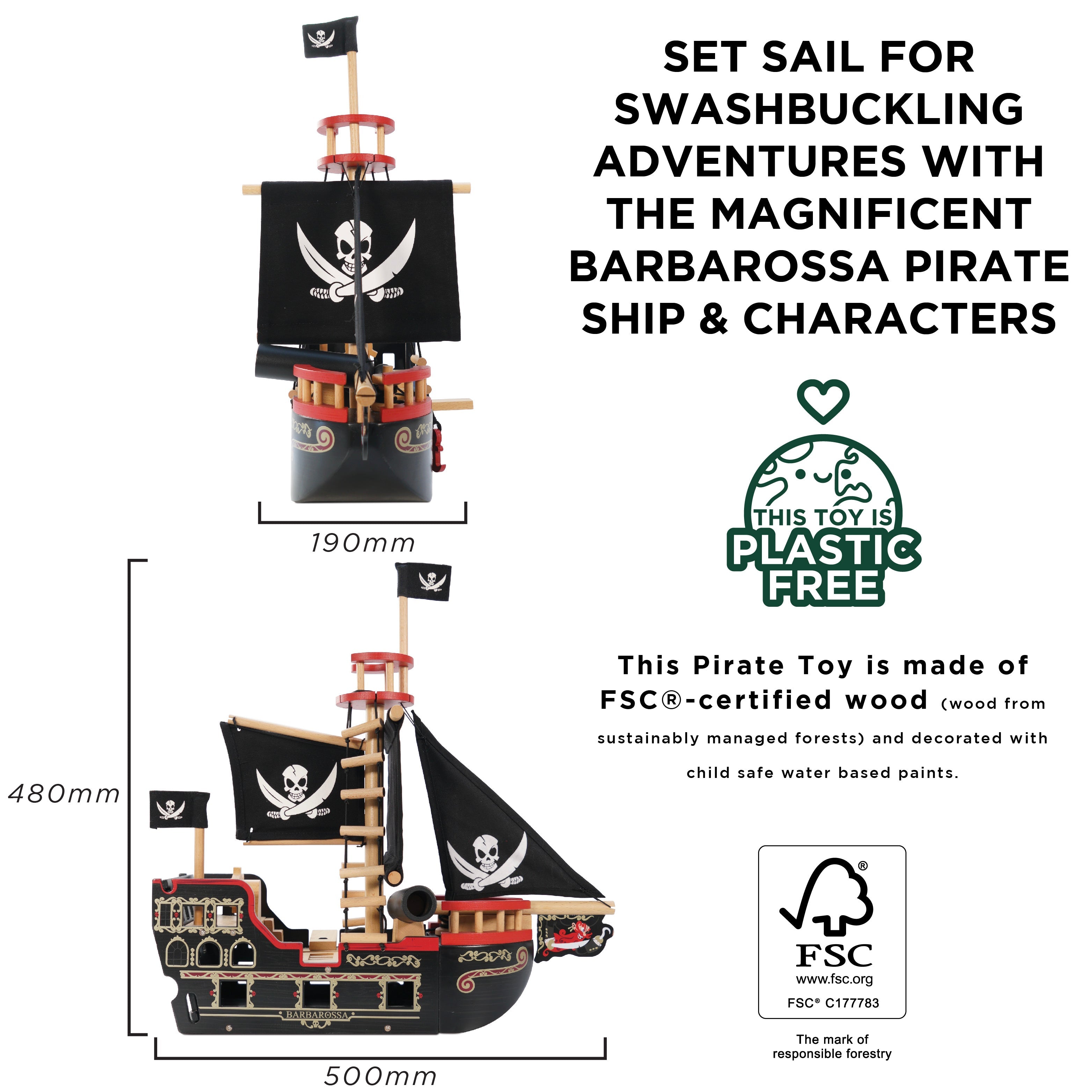 Barbarossa Pirate Ship Toy - Wooden Pirate Ship Model for Kids & Collectors - Perfect for Playtime, Decor & Gifts - Adventure & Imagination Play Set
