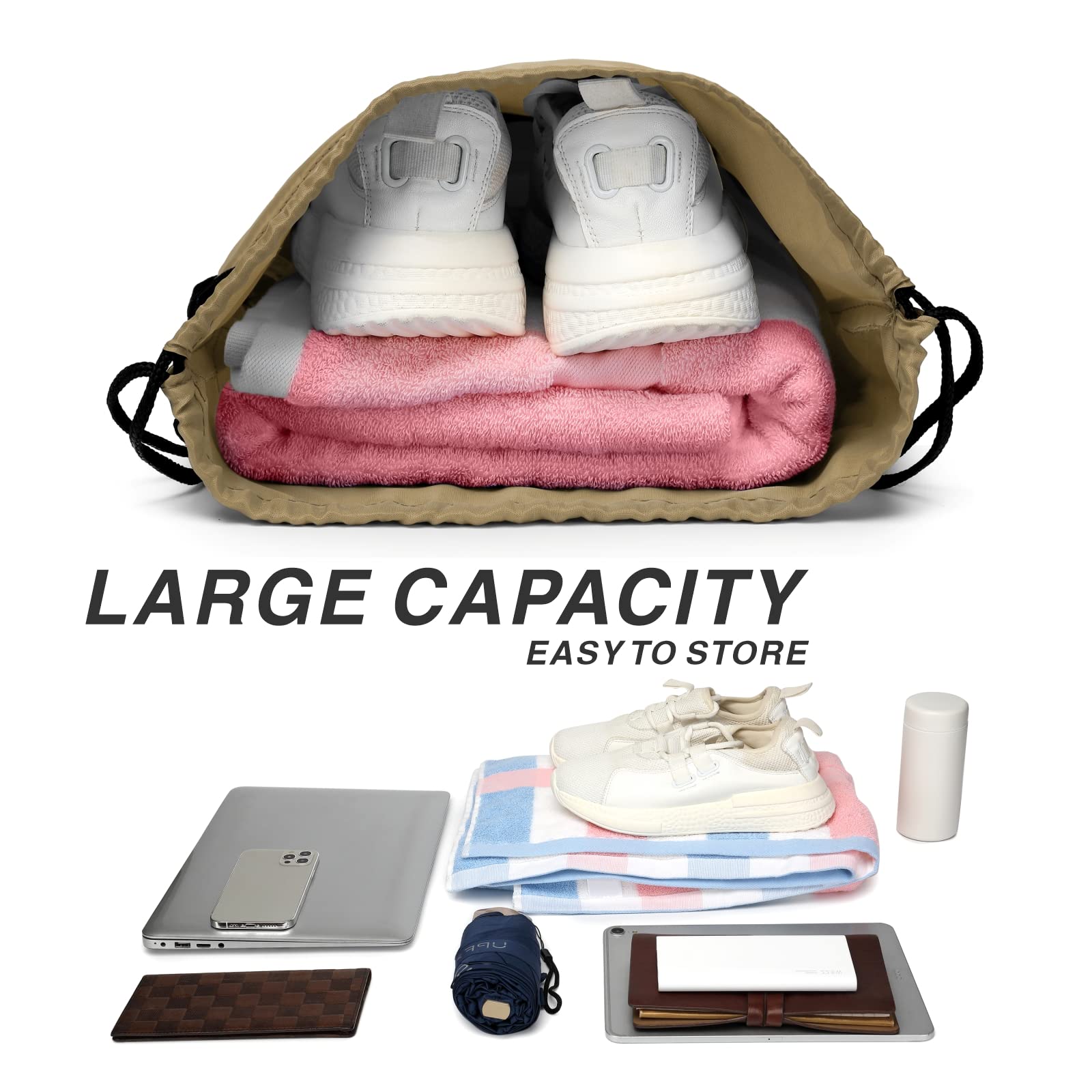Lightweight 210D Nylon Drawstring Backpack with Zipper Side Pocket - Foldable Gym Sack for Men & Women - Perfect for Sports, Travel & School (Khaki)