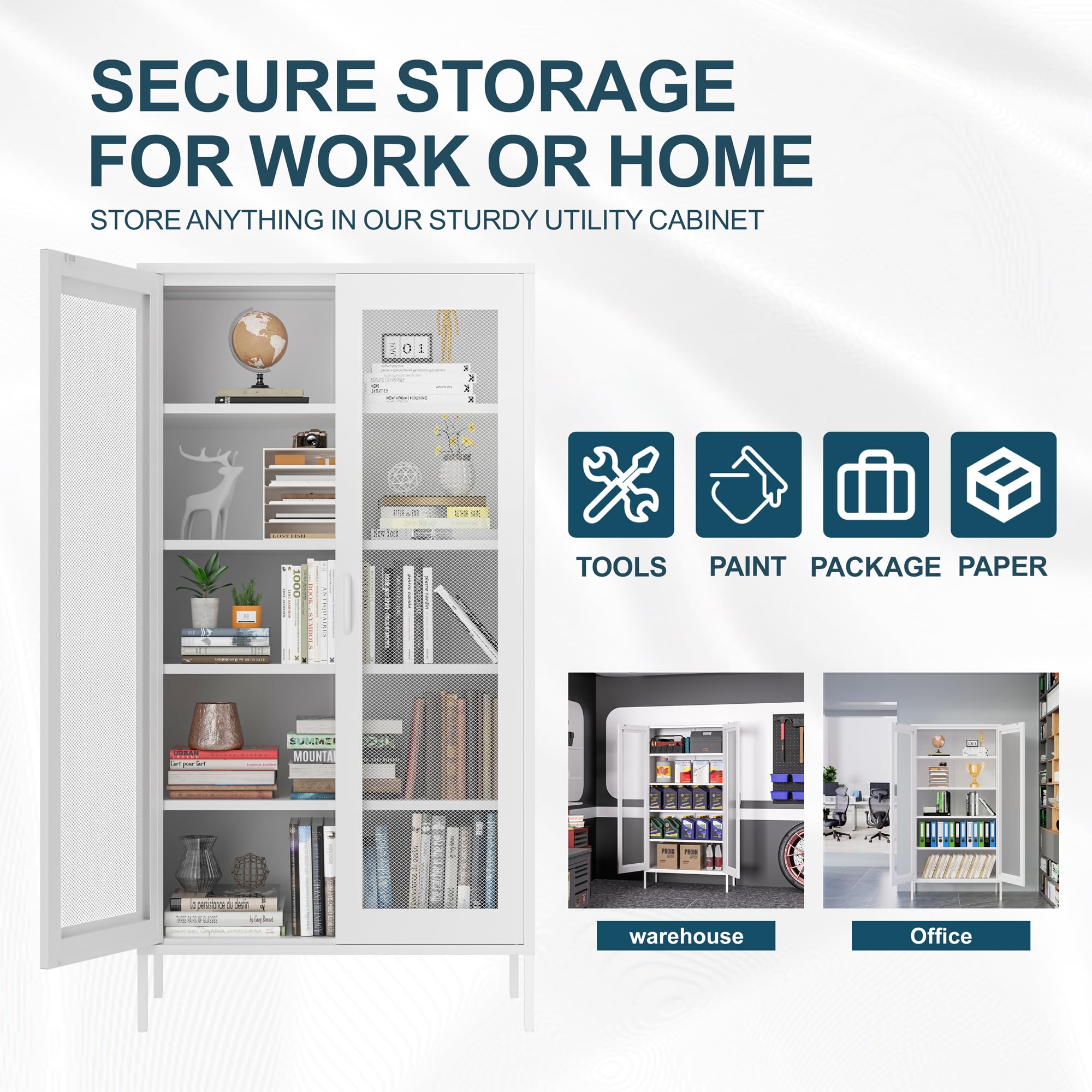 Metal Storage Cabinet with Ventilated Mesh Doors - Modern Display & Kitchen Storage Cabinet for Home Office, Garage, Gym - Durable & Sleek Organization Solution for Tools, Supplies & Equipment