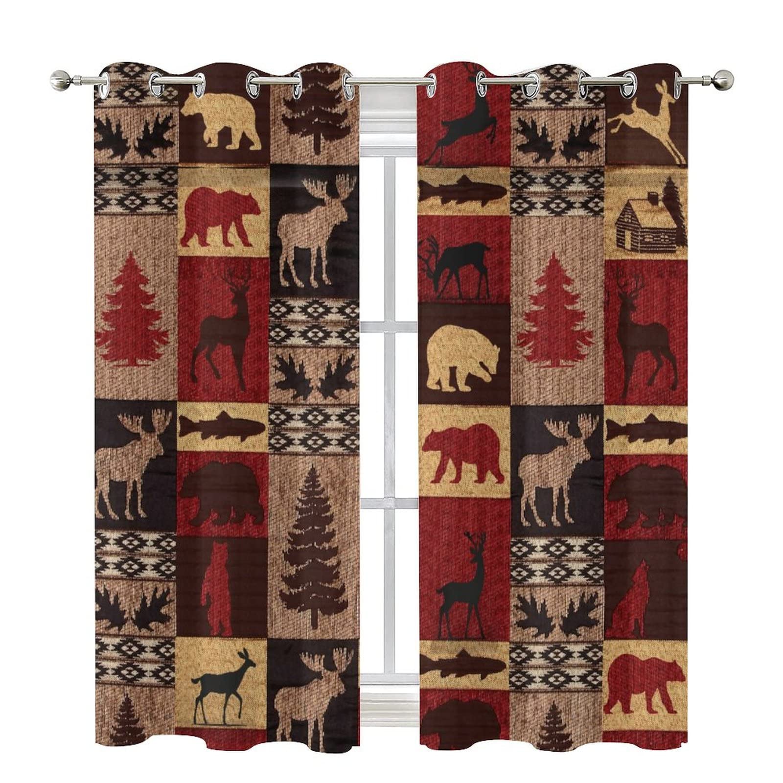Retro Rustic Bear Deer Blackout Curtains - Farmhouse Cabin Bear Moose Red Black Buffalo Check Plaid Grommet Window Drapes, Thermal Insulated Energy Saving Curtain Set for Living Room, Nursery, Bedroom & Cabin - Perfect for Cozy Winter Nights and Light Blocking