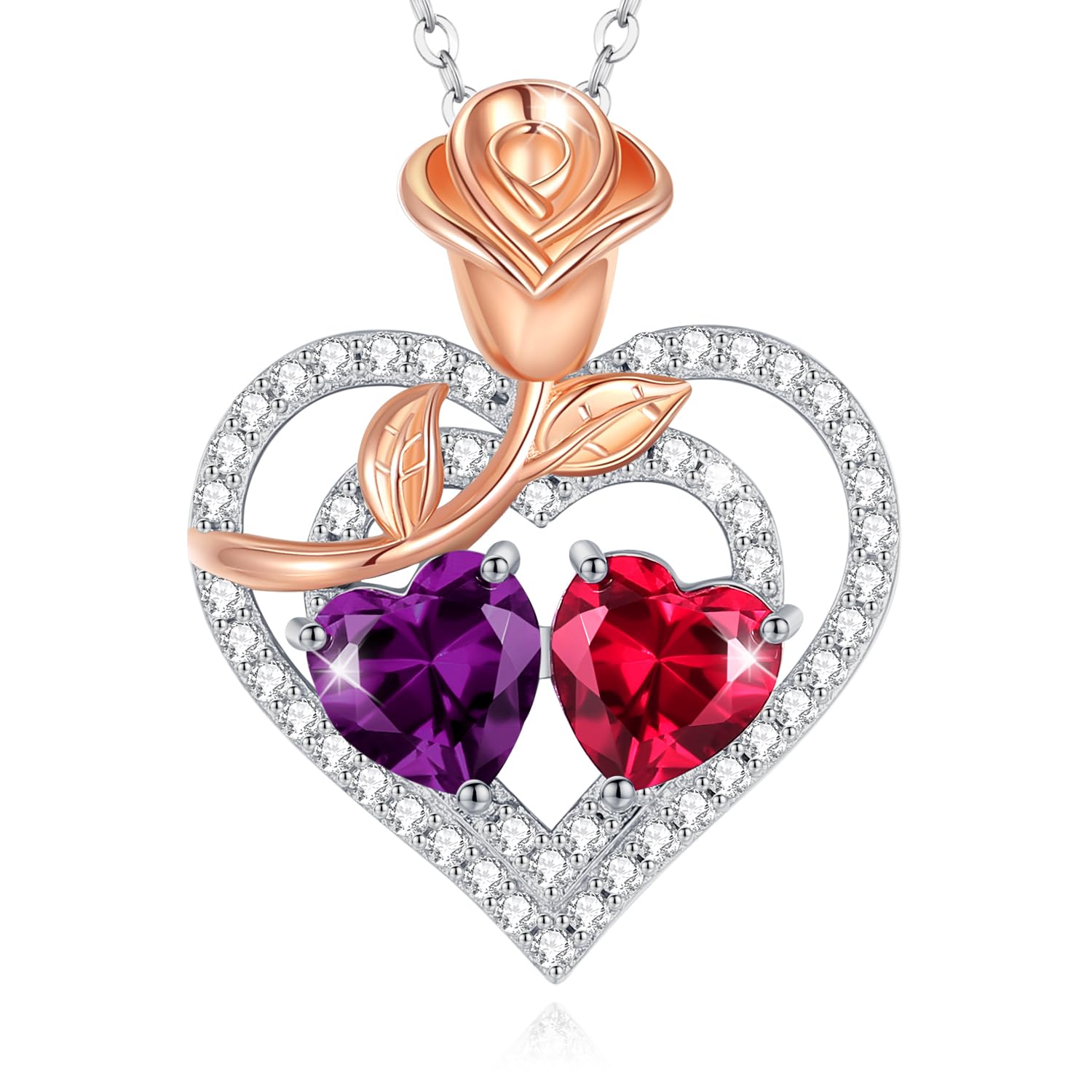 AGVANA Sterling Silver Rose Flower Heart Double Birthstone Pendant Necklace for Women - Elegant Anniversary, Birthday Gift for Mom, Wife, Girlfriend | Perfect for Special Occasions & Everyday Wear
