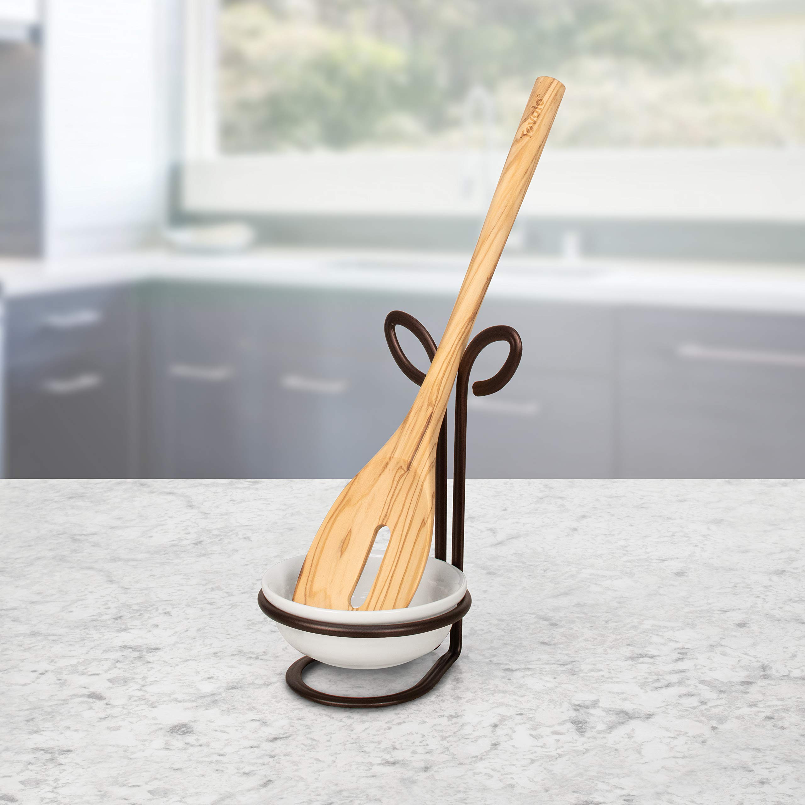 Modern Bronze Spectrum Leaf Spoon Rest with Ceramic Dish - Vertical Utensil Holder for Stovetop Organization - Nature-Inspired Kitchen Décor - Perfect for Cooking, Serving & Kitchen Counter Display