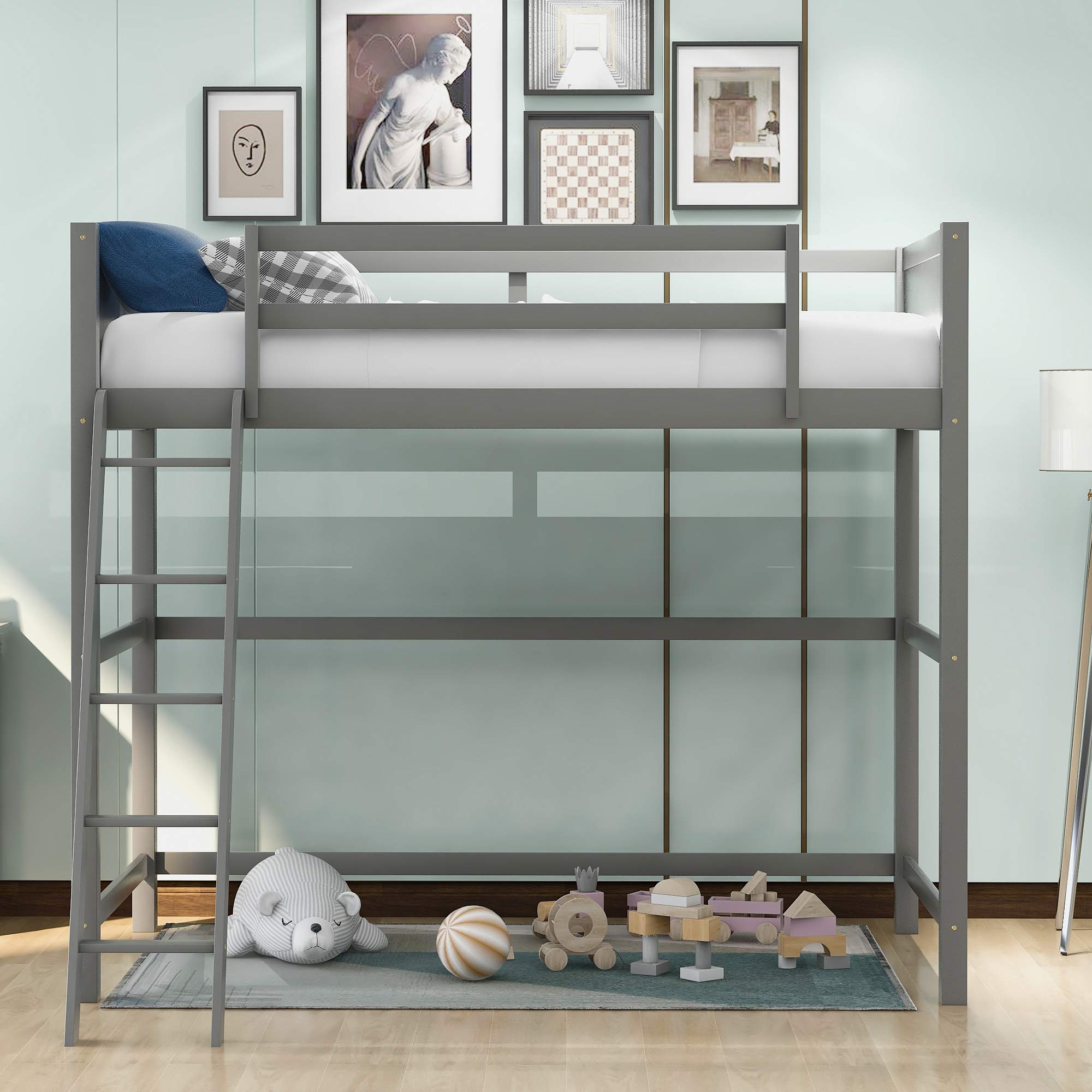 Merax Twin Loft Bed with Ladder & Guardrail - Sturdy Wood Frame for Kids & Teens - Space-Saving Gray Twin Size Loft Bed - Perfect for Small Bedrooms, Dorms & Guest Rooms
