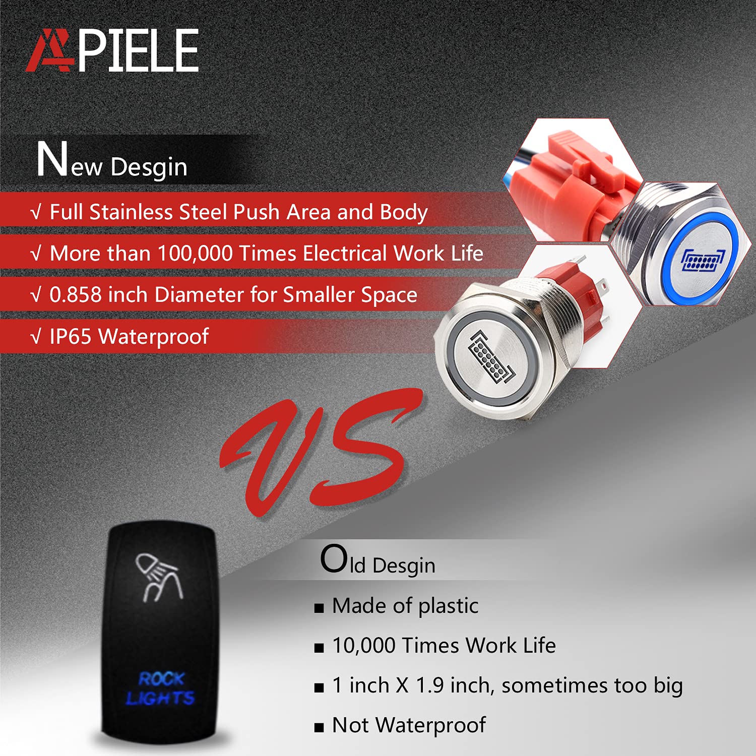 APIELE 19MM Stainless Steel LED Light Bar Push Button Switch - SPST ON Off, 10A 12V 24VDC Pre-Wired for Car, Boat, Truck (0.74