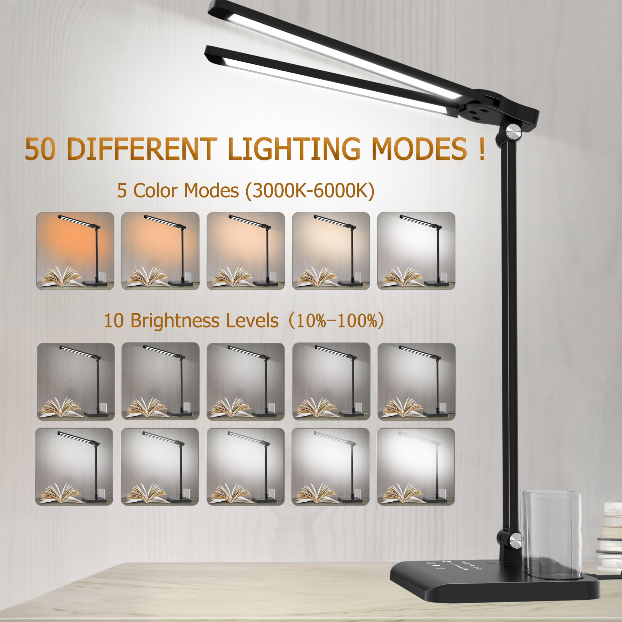 Adjustable Dimmable LED Desk Lamp with USB Charging Port - 50 Lighting Modes, Dual Swing Arm Architect Table Lamp for Home Office, Study, Dorm, Piano & Nail Salon - Perfect for Reading, Working & Crafting
