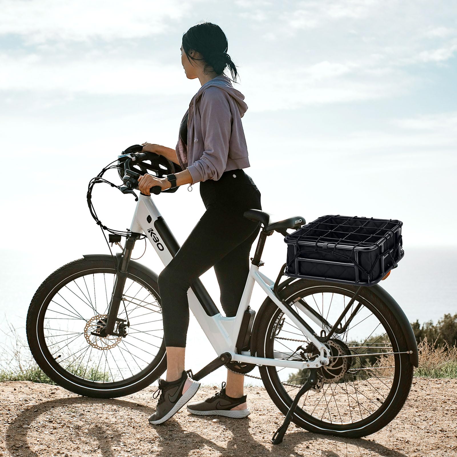 WOOFOPT Heavy Duty Rear Bike Basket with Rainproof Cover, Cargo Net & Liner - Large Metal Bicycle Rack Basket for Electric Bikes & Regular Bikes - Perfect for Commuting, Grocery Shopping & Outdoor Adventures