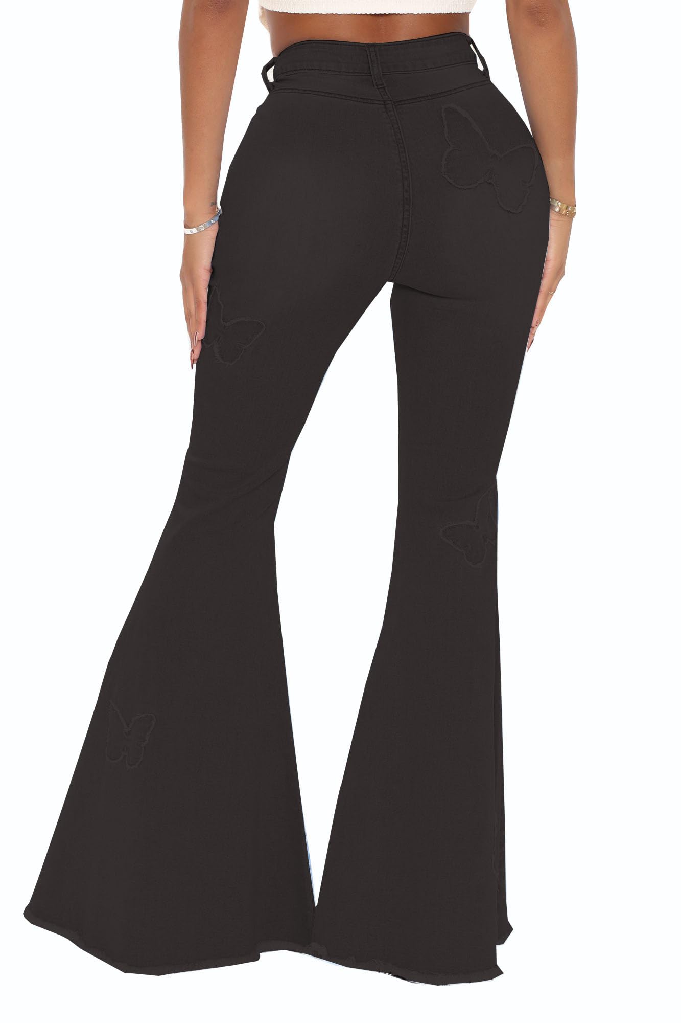 Vintage Women's Bell Bottom Jeans - Classic Distressed Ripped Flare Pants with Elastic Waist & Raw Hem Denim | 70s Retro Style for Casual Wear, Music Festivals and Boho Outfits