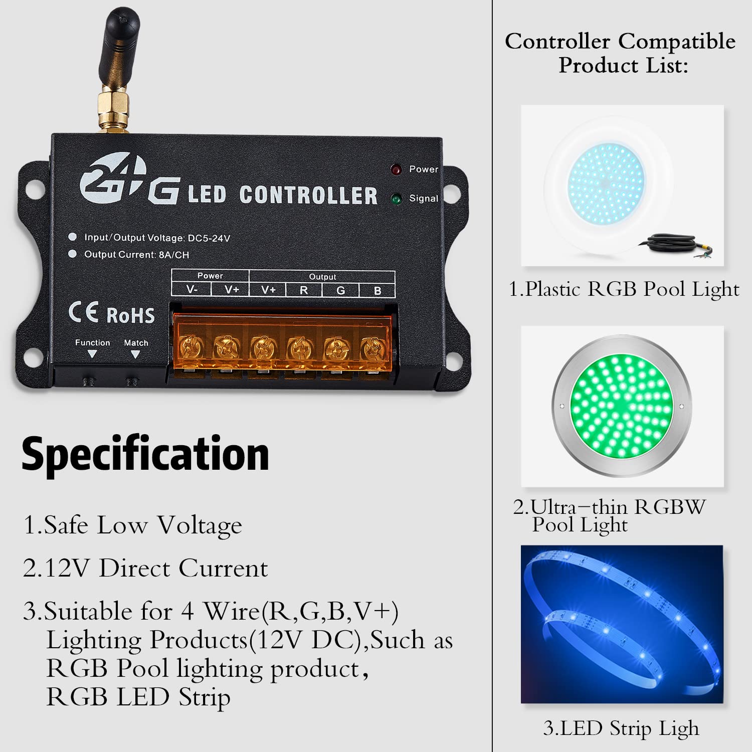 12V LED RGB Controller with Touch Remote - 288W Dimmer for Pool Lights & Strip Lights - Perfect for Home, Party, and Outdoor Lighting Decorations