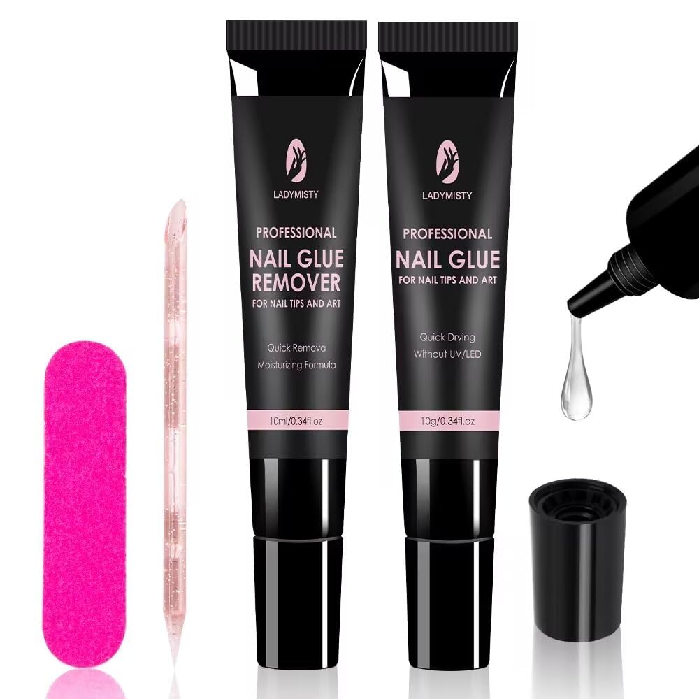 Upgraded 5-Second Quick Dry 10g Nail Glue for Press On Nails & 10ml Nail Glue Remover - No UV Lamp Needed, Long Lasting Acrylic Nail Adhesive Kit - Perfect for Salon, Home Manicures & Nail Art