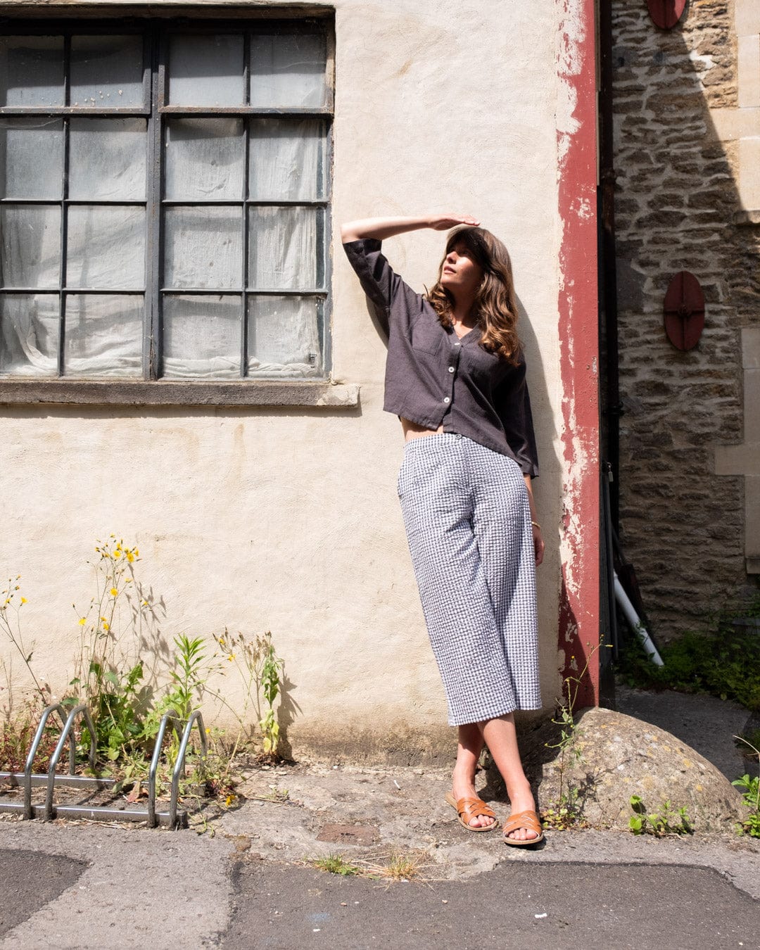 Carrie Women's Cotton Culottes - Dove Grey Gingham Check Pants | Comfortable Summer Wide Leg Trousers for Casual Wear & Office Outfits