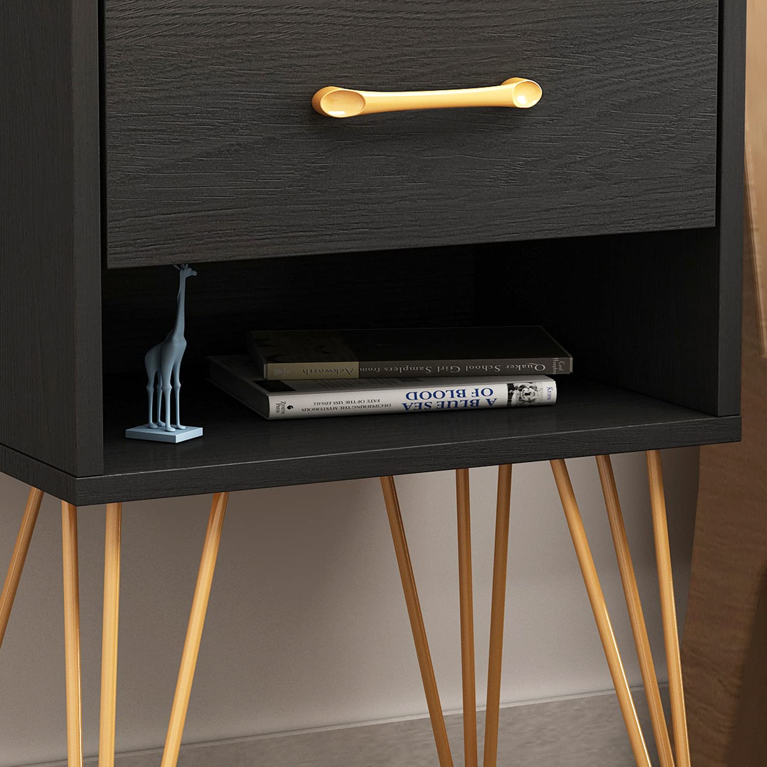 Homsee Nightstand with Drawer & Shelf - Modern Bedside Table with Iron Legs for Bedroom, Living Room - Black End Table for Small Spaces & Apartment Decor