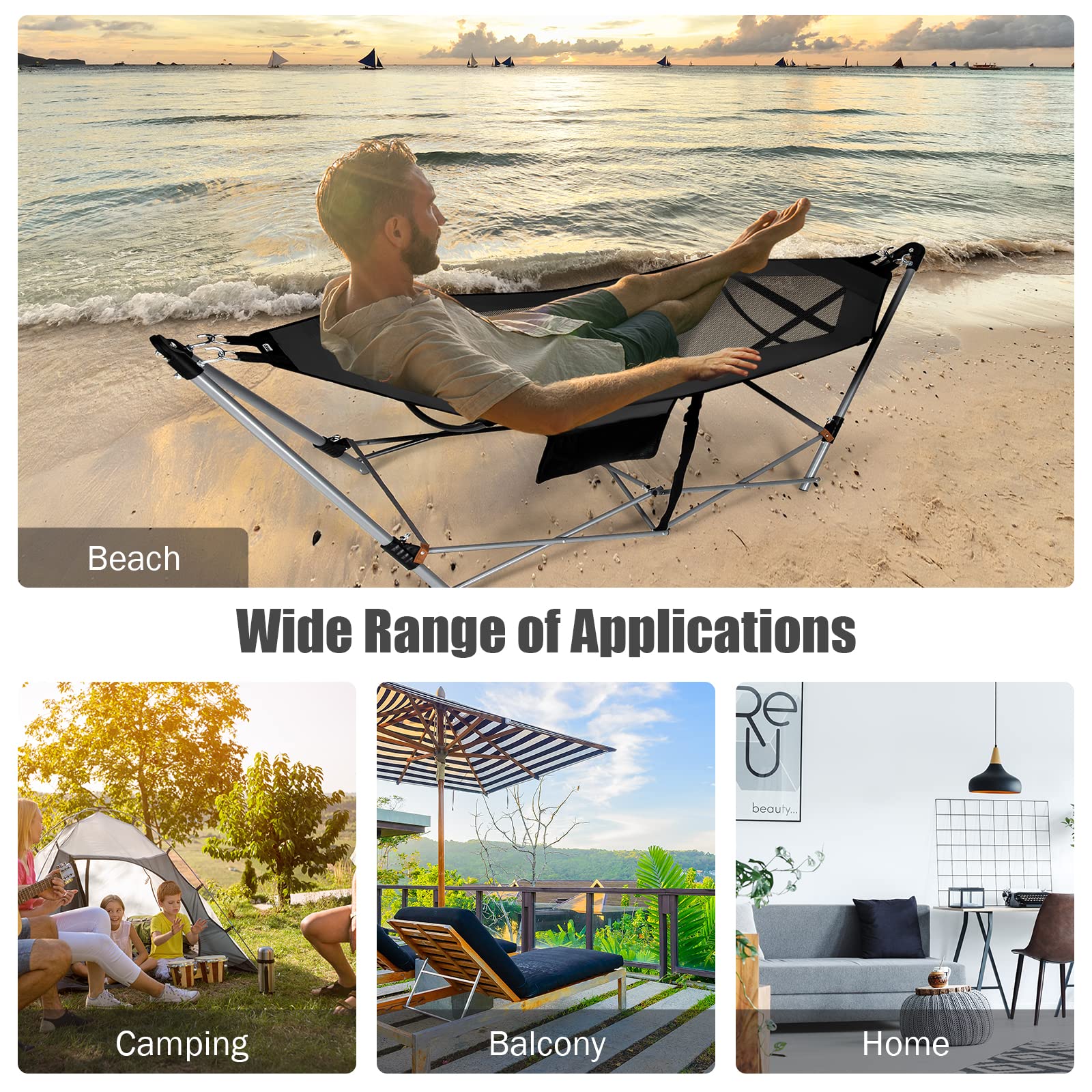 Giantex Portable Folding Hammock with Stand - Heavy Duty Camping Hammock Bed for Indoor & Outdoor Use, Patio, Yard, Beach - Includes Side Pocket, Anti-Tip Buckles & Iron Frame - Perfect for Relaxing, Camping, Backyard Lounging (Black)