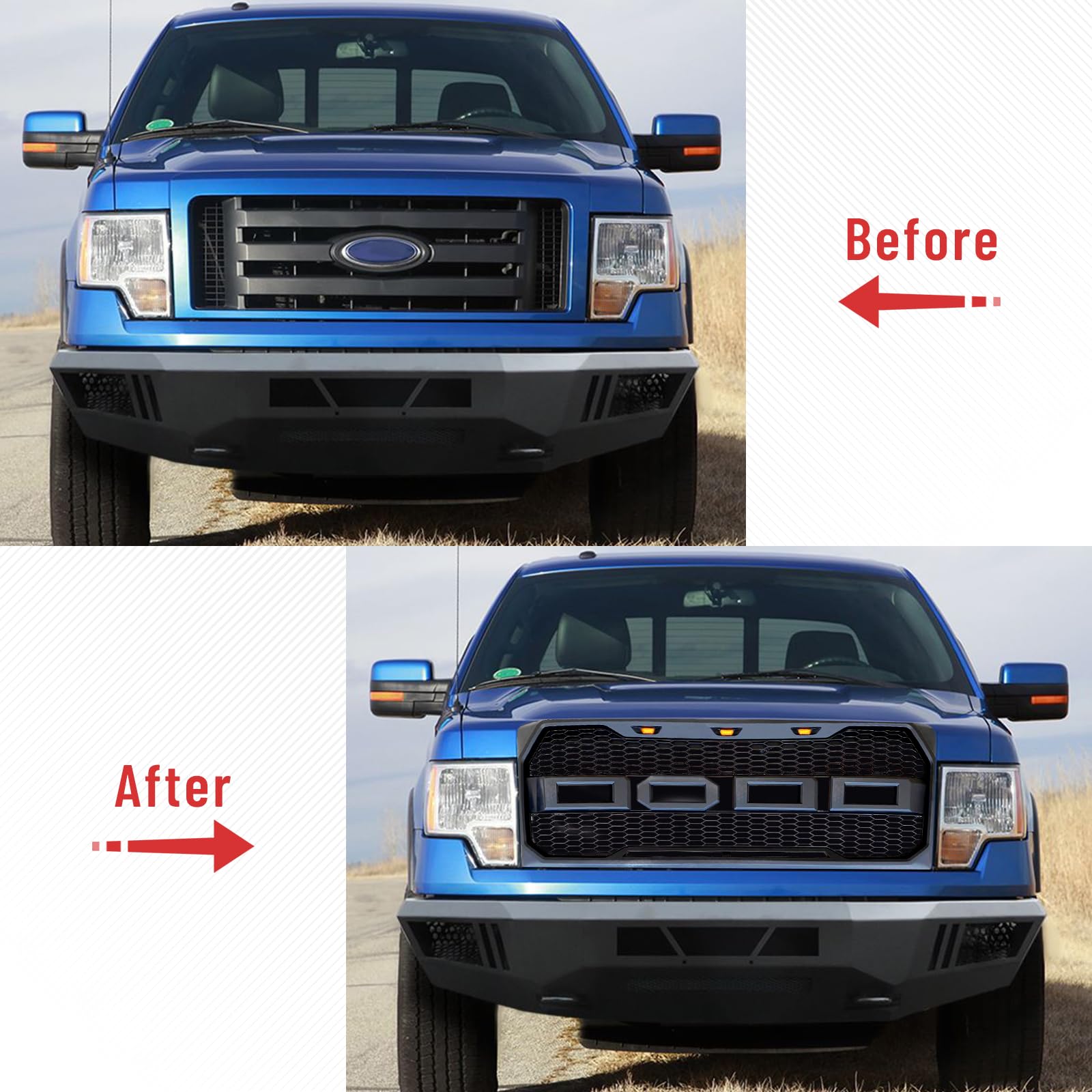 2009-2014 Ford F-150 Pickup Truck Front Grille Replacement - ABS Black Mesh Grill with LED Lights & Emblem Letters | Perfect for Off-Road Upgrades & Custom Truck Modifications