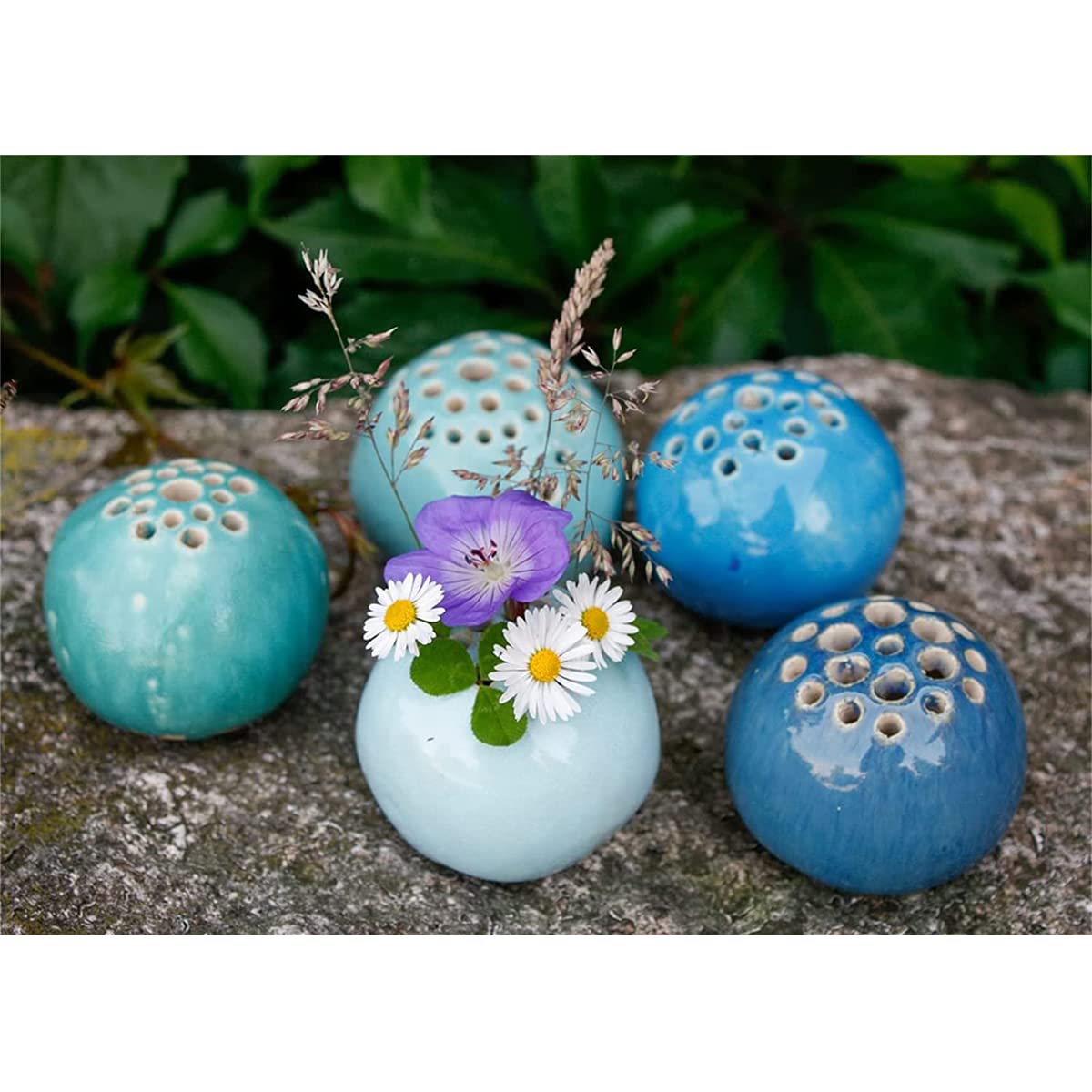 Handmade Ceramic Vase - Oriental Blue Flower Bud Vase, Stone Table Decor & Perforated Planter for Home, Office, Wedding Centerpiece | Perfect for Fresh Flowers, Succulents, and Tabletop Decorations
