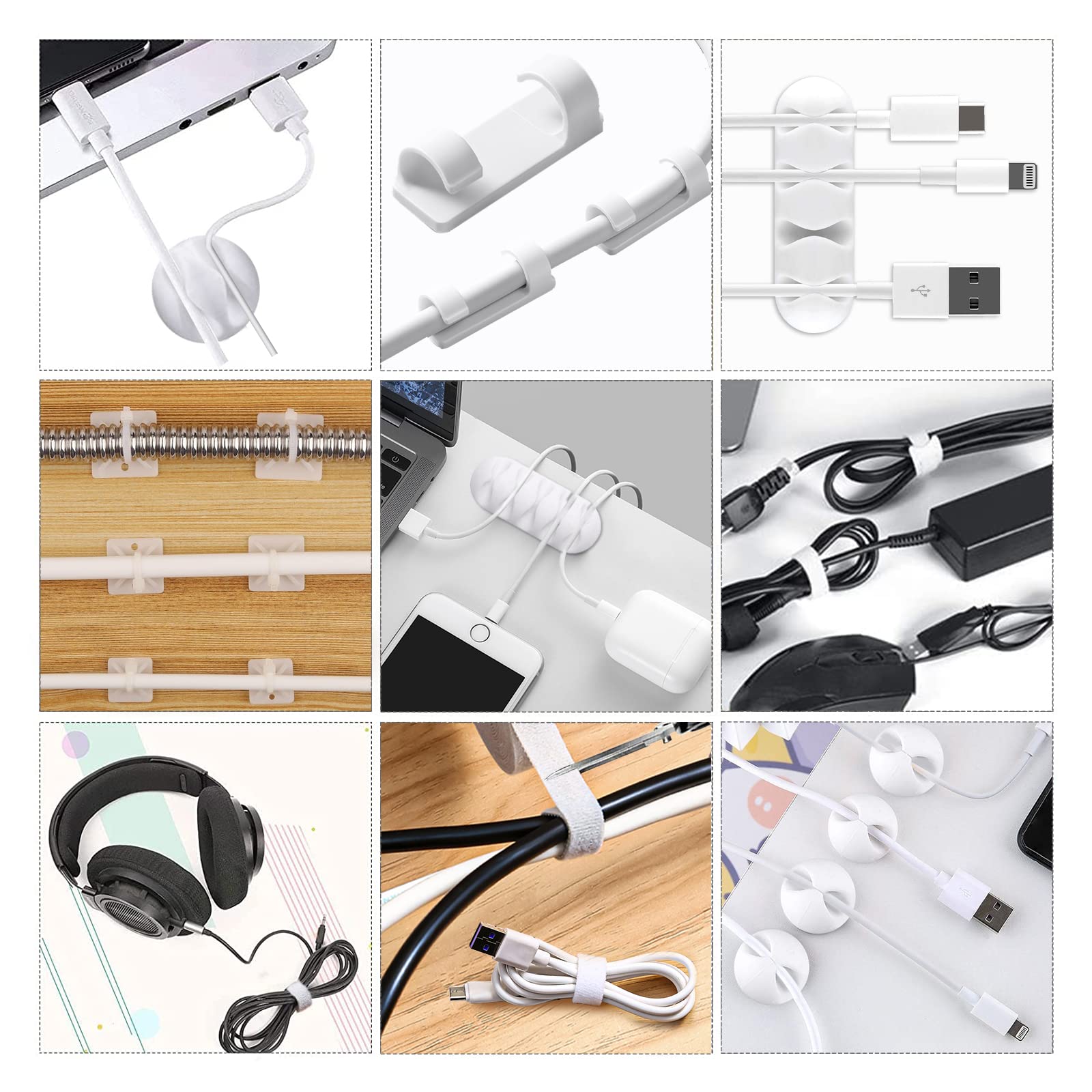 White Cable Management Organizer Kit - 2 Wire Sleeve Protectors, 41 Self-Adhesive Cable Clips, 10 Reusable Cable Ties + 2 Rolls, 100 Zip Ties for TV Computer Desk Cord Organization - Perfect for Home Office, Gaming Setup & Under Desk Wire Management