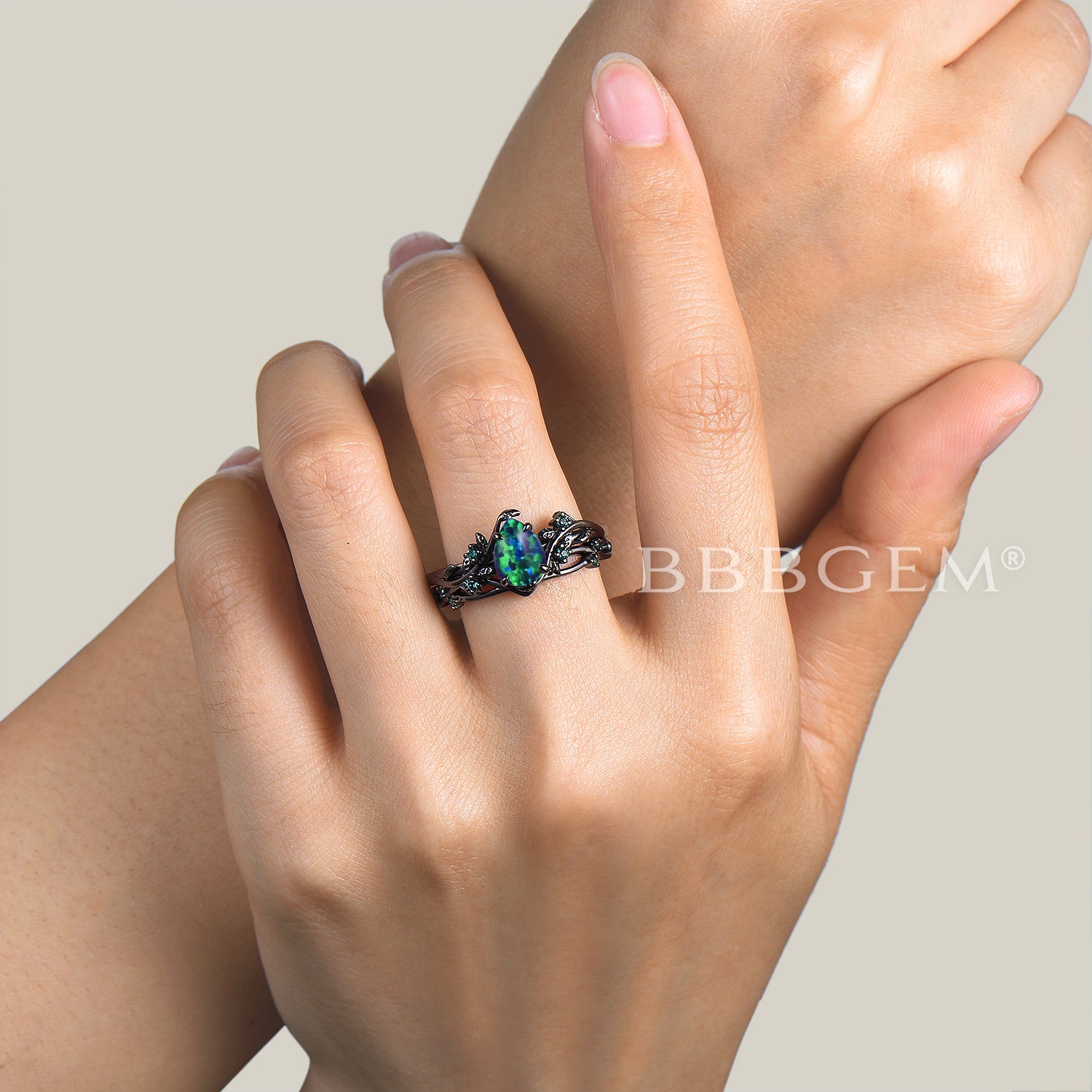 Natural Black Opal Engagement Ring with Emerald Accents - 14K Black Gold Bridal Set for Women, Perfect for Weddings, Anniversaries & Special Occasions