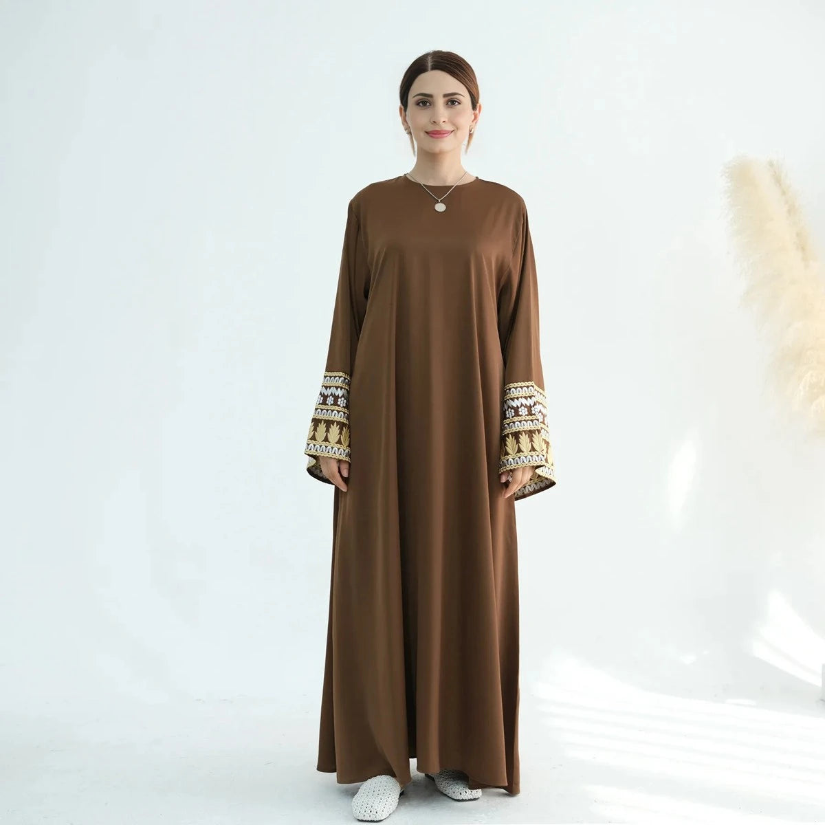 Elegant Satin Abaya Dress with Embroidery Cuff - Modest Islamic Clothing for Women | Perfect for Prayer, Eid, and Special Occasions