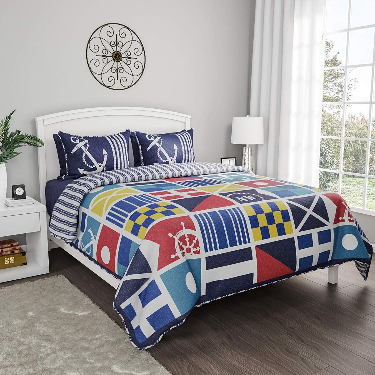 Bedford Home 66A-18888 Mariner Design Quilt Bedspread Set - 3 Piece Full/Queen Size Comforter Set for Coastal & Nautical Bedroom Decor