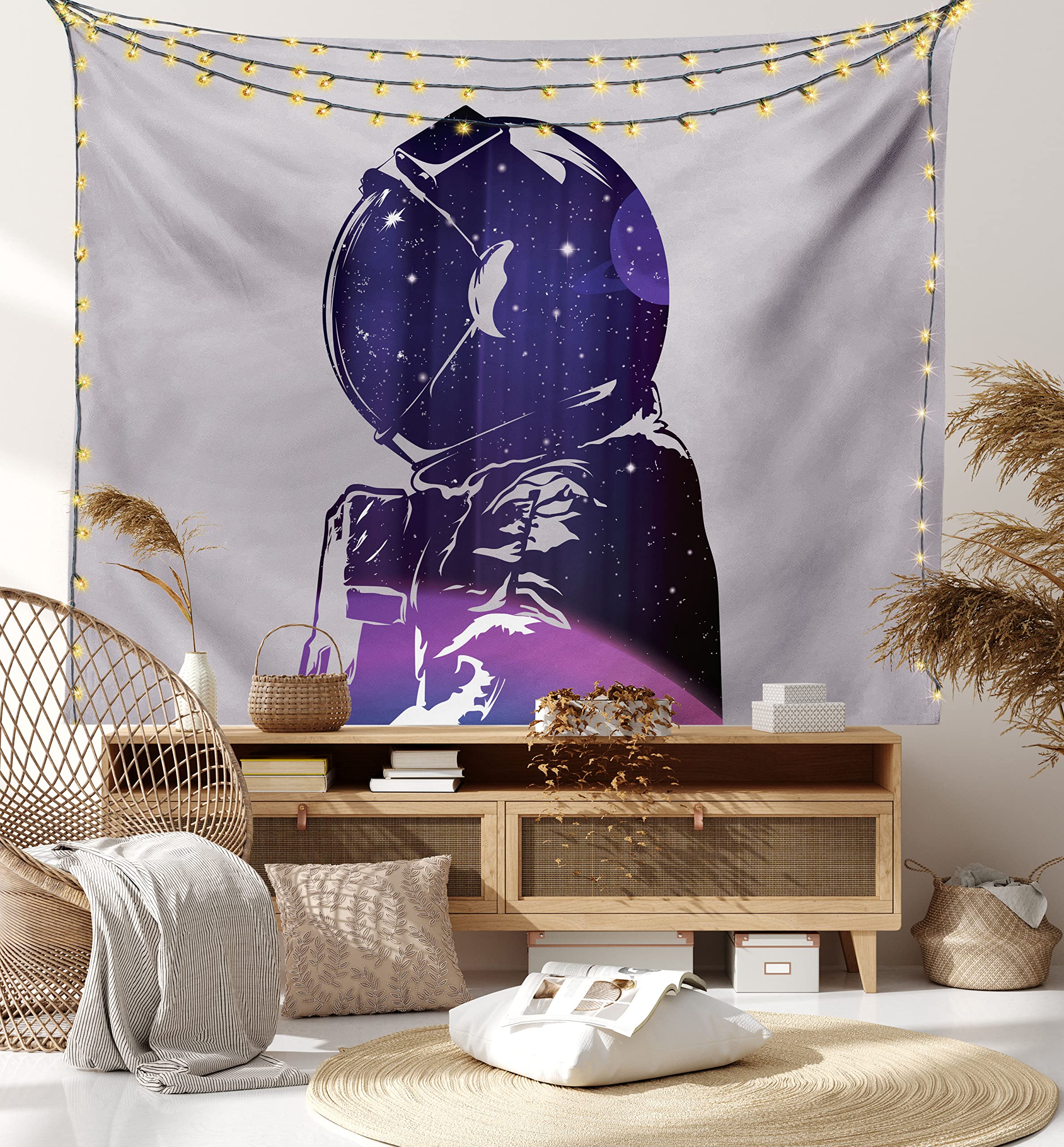 Ambesonne Outer Space Tapestry - Astronaut & Star Clusters Celestial Wall Art Decor | 45x30 Inch Pink Purple Galaxy Print Fabric Hanging for Bedroom, Living Room, Dorm | Perfect for Space Theme Parties & Meditation Rooms