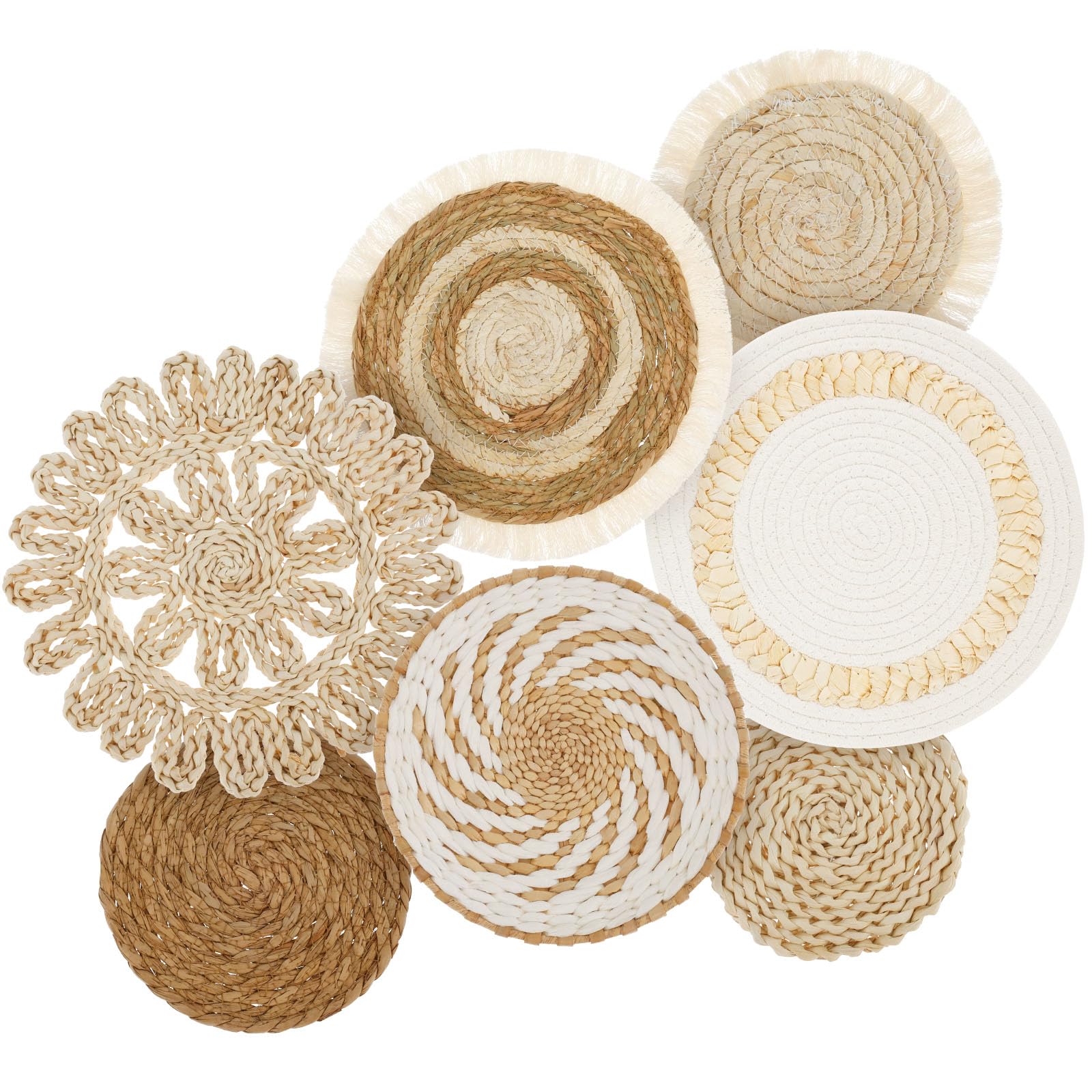Handmade Rattan Wall Baskets - 7Pcs Woven Wall Decor for Living Room & Bedroom