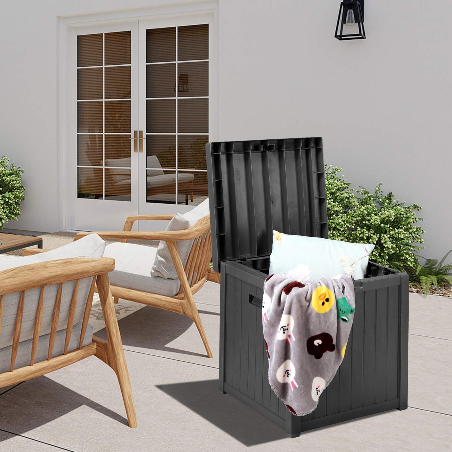 52 Gallon Waterproof Outdoor Storage Box - Small Deck Storage for Garden Tools, Pool Toys & Patio Accessories - Durable Black Plastic Organizer for Backyard, Poolside & Garage Use