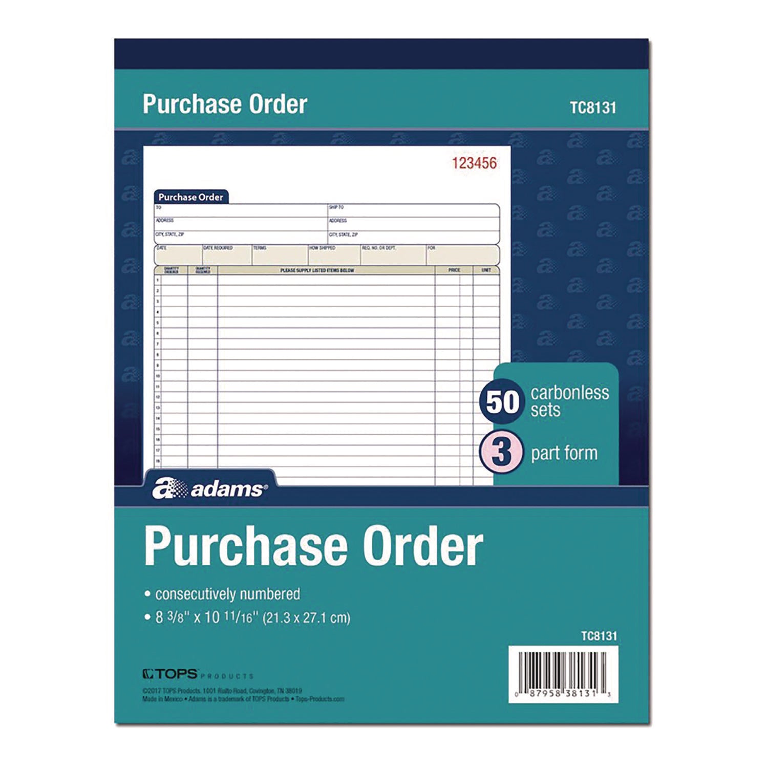 Adams® Multipart Carbonless Purchase Order Pad - 3-Part NCR Forms, 8.38