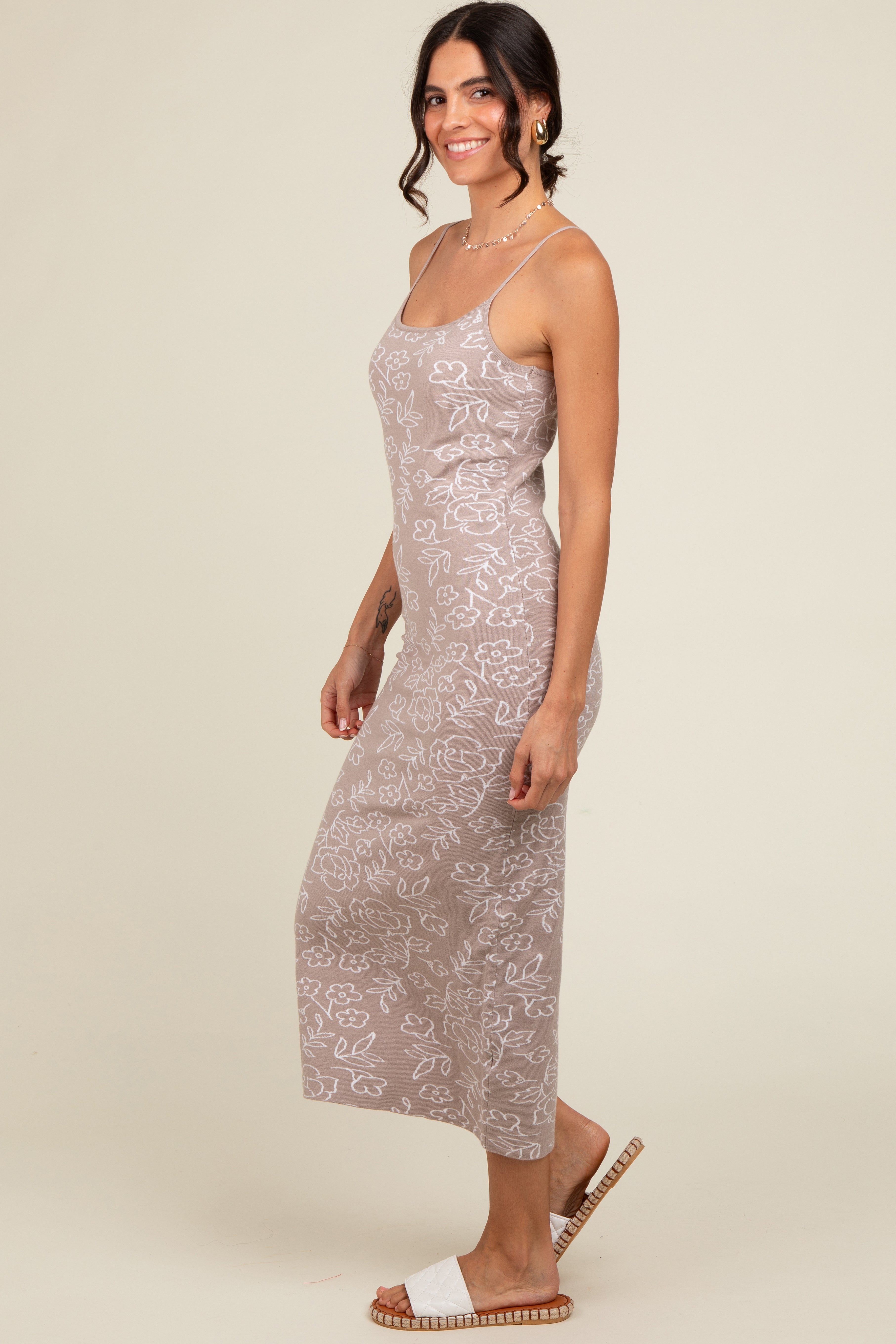 Beige Floral Knit Fitted Midi Dress for Women - Elegant Casual Summer Dress for Brunch, Date Night & Office Wear