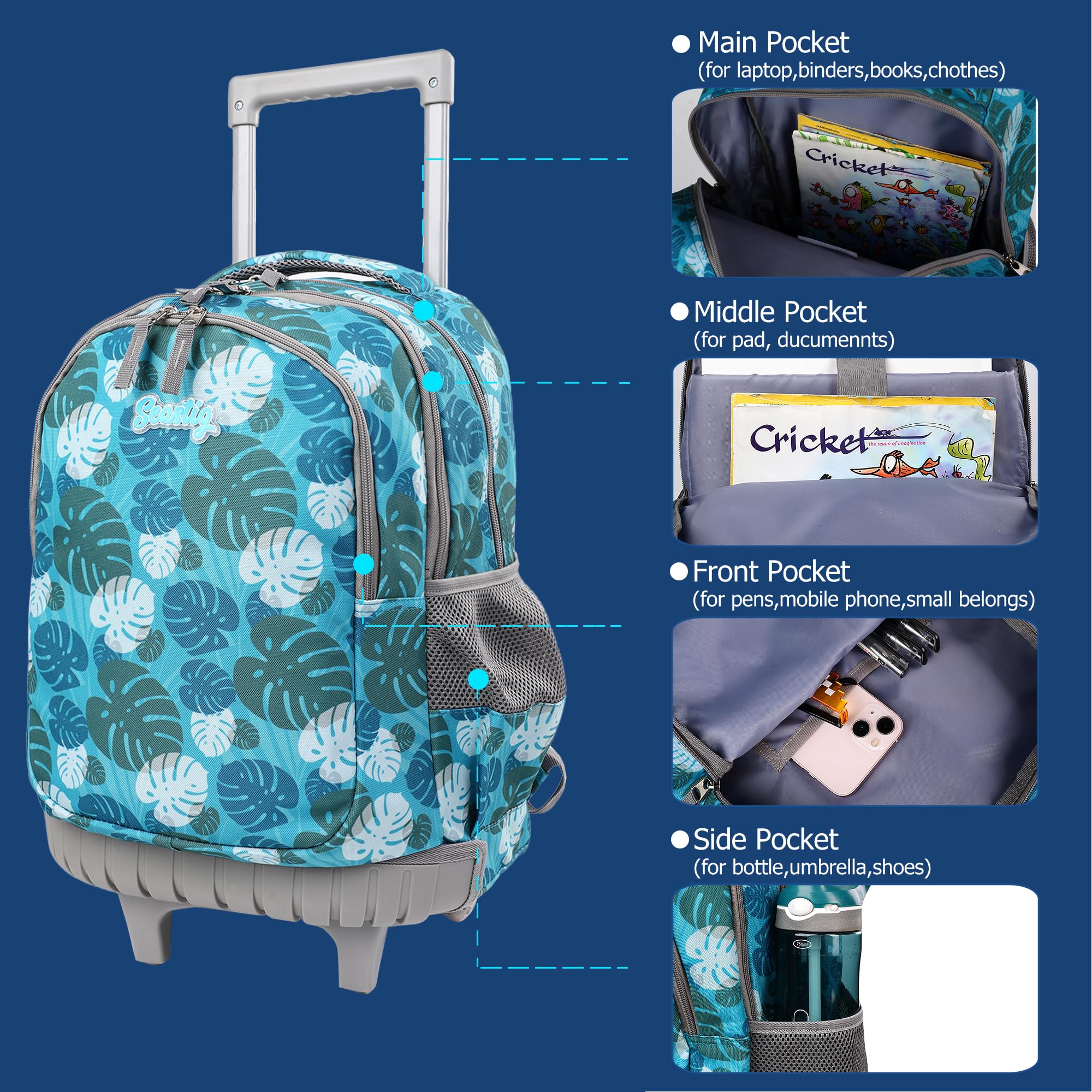 Seastig 18in Rolling Backpack for Girls & Boys - Wheeled School Backpack with Retractable Handle, Durable Kids Travel Bag for School, College, Airplane & Daily Commute