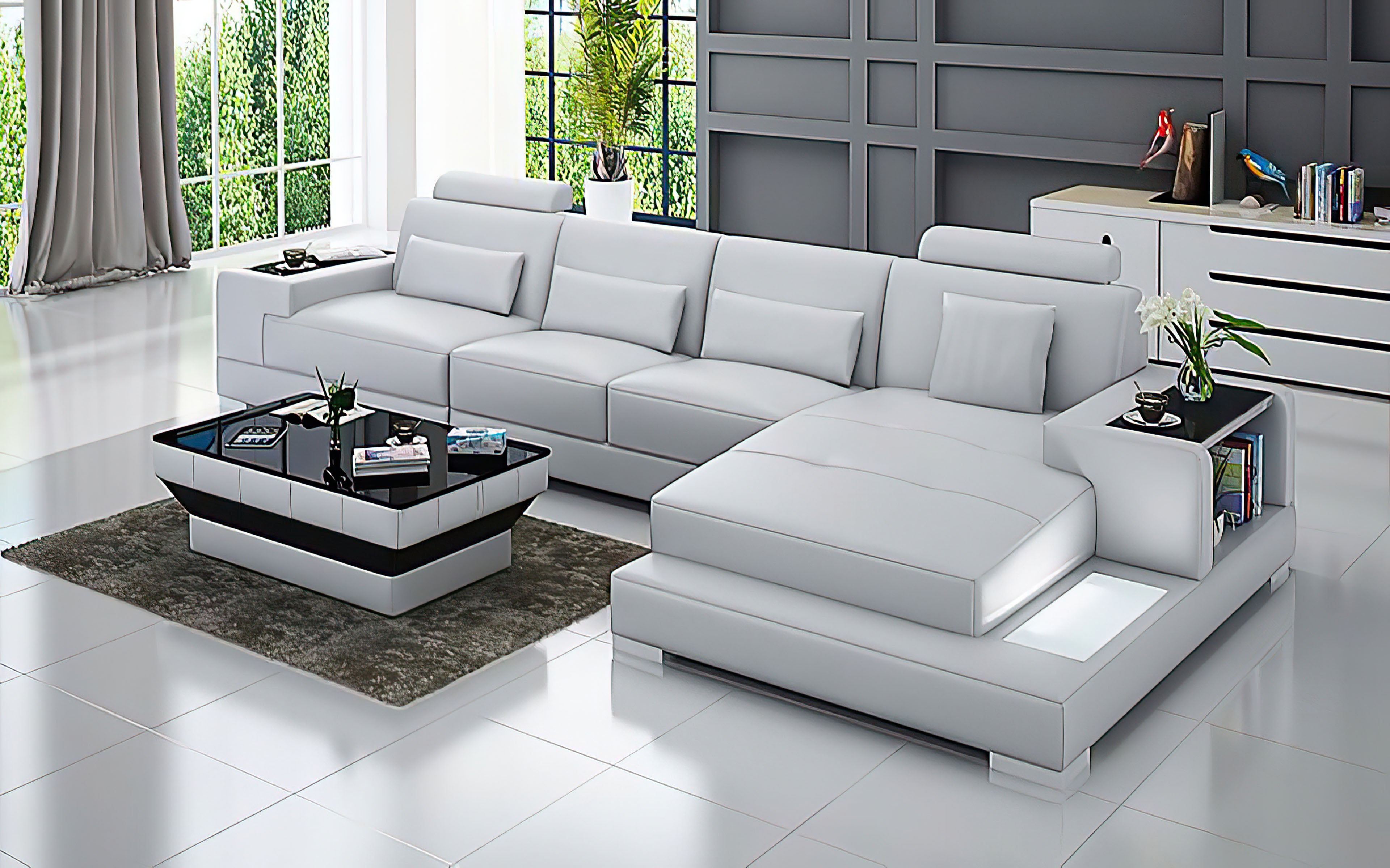 Modern Small Leather Sectional Sofa with LED Lights - Perfect for Living Room, Lounge & Home Theater Comfort