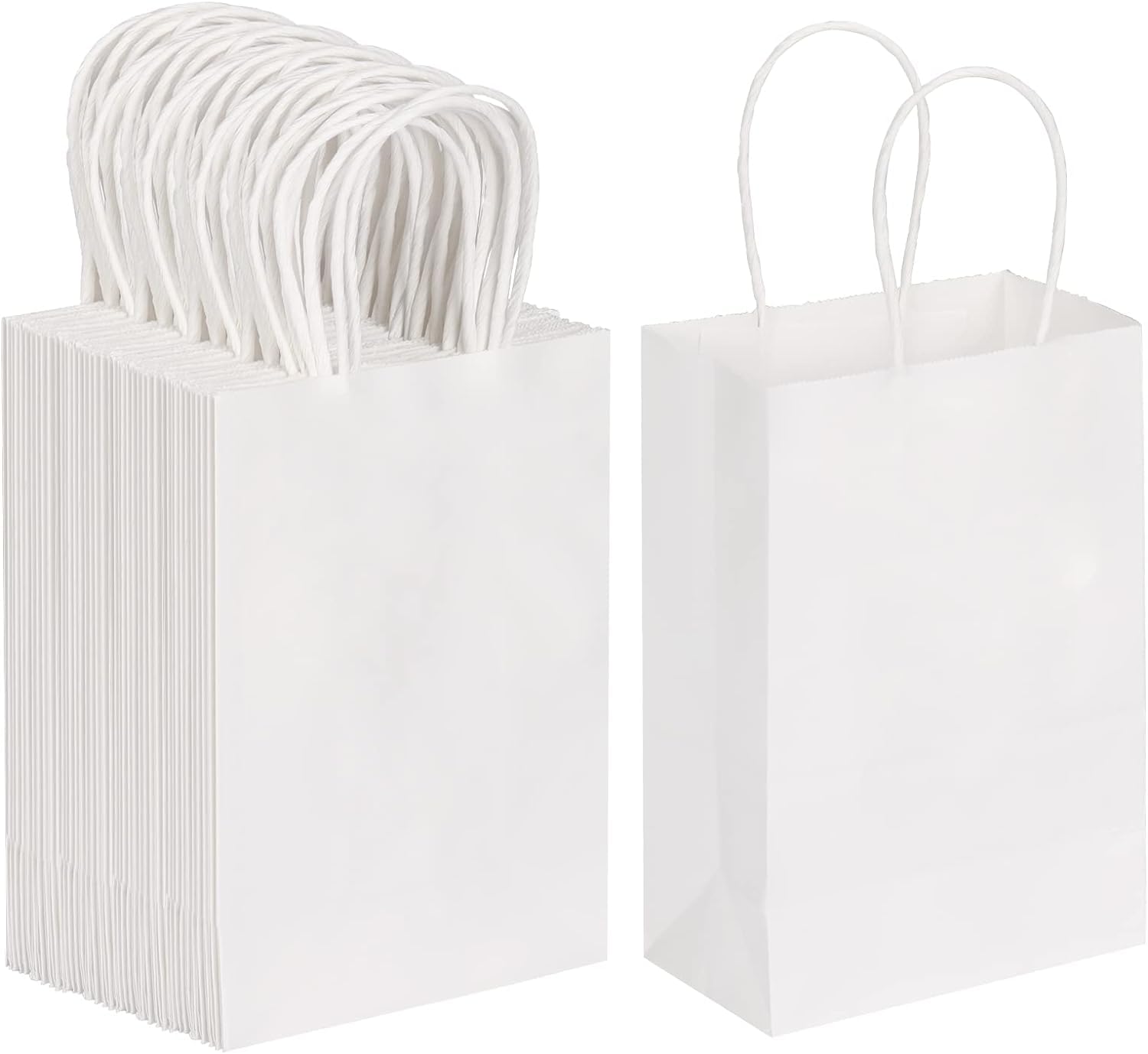 Premium Kraft Paper Gift Bags with Handles - 8x3.5x9.5 Inch White Small Party Favor Bags (Pack of 25) for Wedding, Birthday, Retail Shopping & Merchandise - Eco-Friendly Bulk Packaging Solution