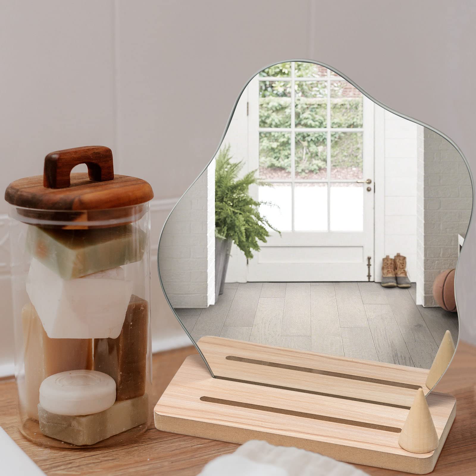NeuType Glass Makeup Mirror with MDF Base - Frameless Vanity Mirror with Ring Holder, Aesthetic Desk Decor for Bedroom & Bathroom | Portable Table Mirror for Dressing Room & Travel, Brown