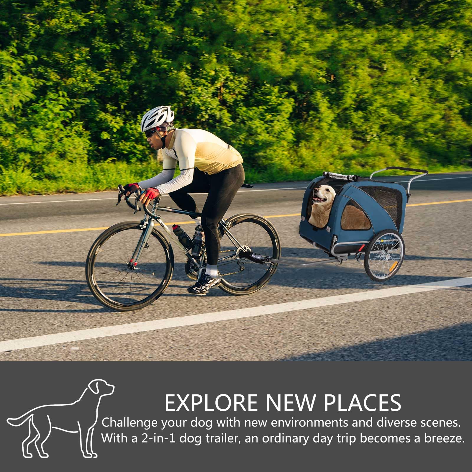 Sepnine 2-in-1 Large Dog Bike Trailer & Pet Stroller - Foldable Frame with Hand Lock Brakes & Universal Bicycle Coupler (Blue) - Perfect for Cycling, Jogging & Outdoor Adventures with Your Dog