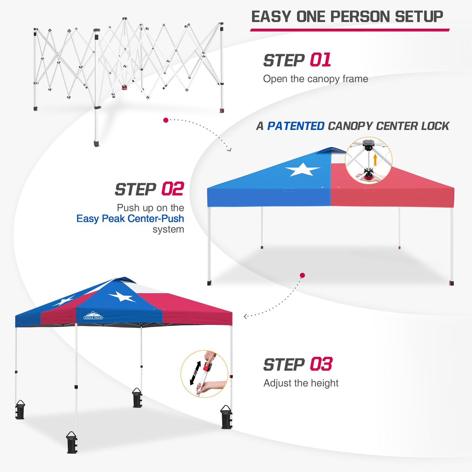 EAGLE PEAK 10x10 ft Pop Up Canopy Tent with Wheeled Carry Bag - Includes 8 Stakes, 4 Ropes & 4 Weight Bags for Easy Setup - 100 sq ft Portable Shade Shelter for Outdoor Events, Camping, Beach & Backyard Parties (Texas Style)