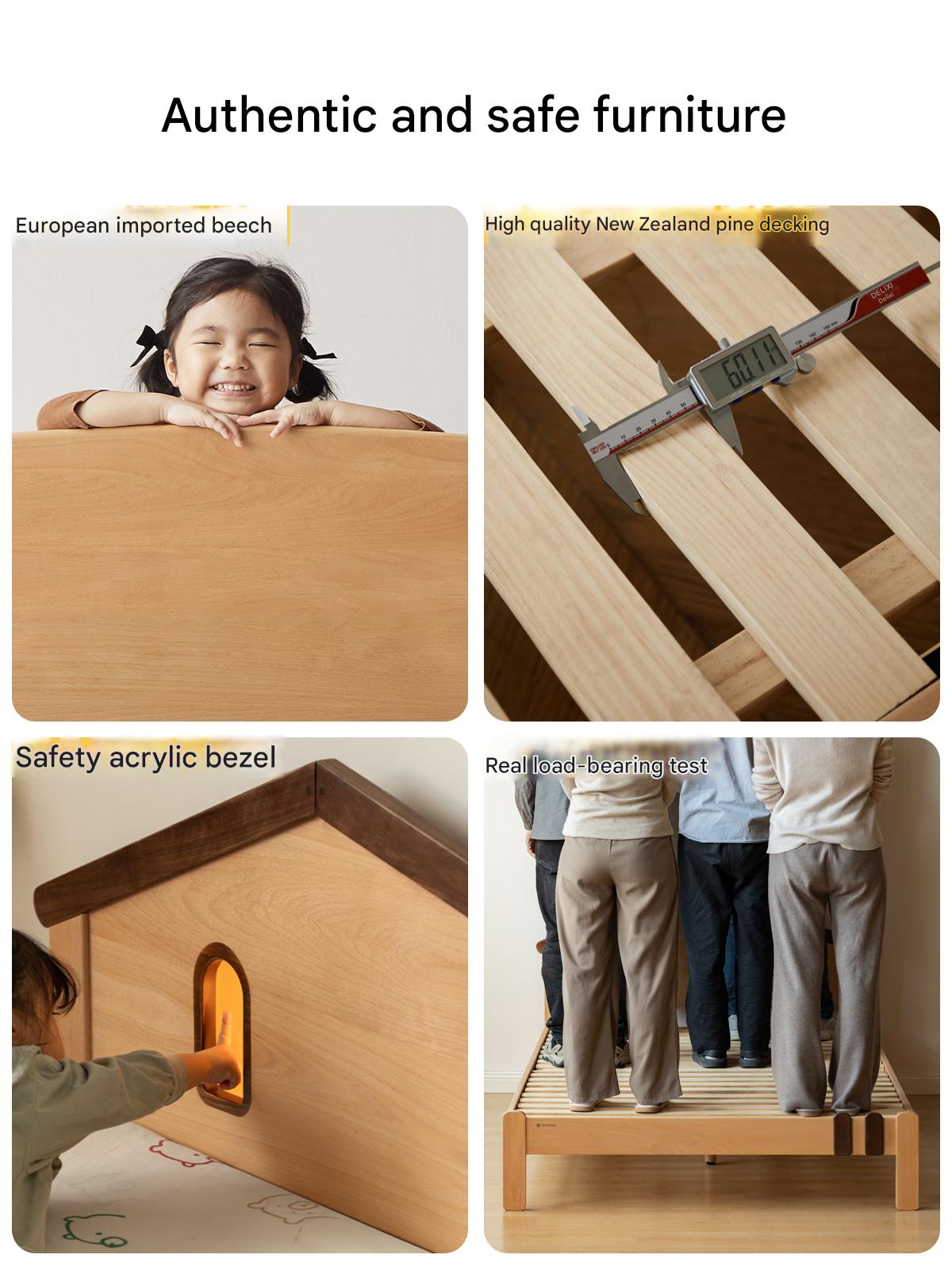 Kids Wooden Bed with Night Light - Beech & Poplar Little House Design with 15-Minute Auto Light Off - Perfect for Bedrooms, Playrooms & Cozy Sleep Spaces