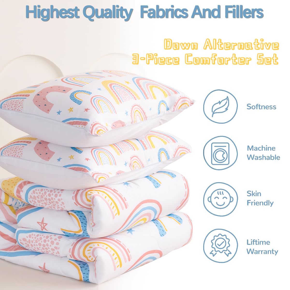 BEDMUST Rainbow King Comforter Set for Girls - Pink & Yellow Star Pattern Bedding, 3 Piece Set with 1 Comforter & 2 Pillow Shams | Soft & Cozy Twin/Full/Queen Size | Perfect for Kids Bedroom, Dorm Room & Sleepovers