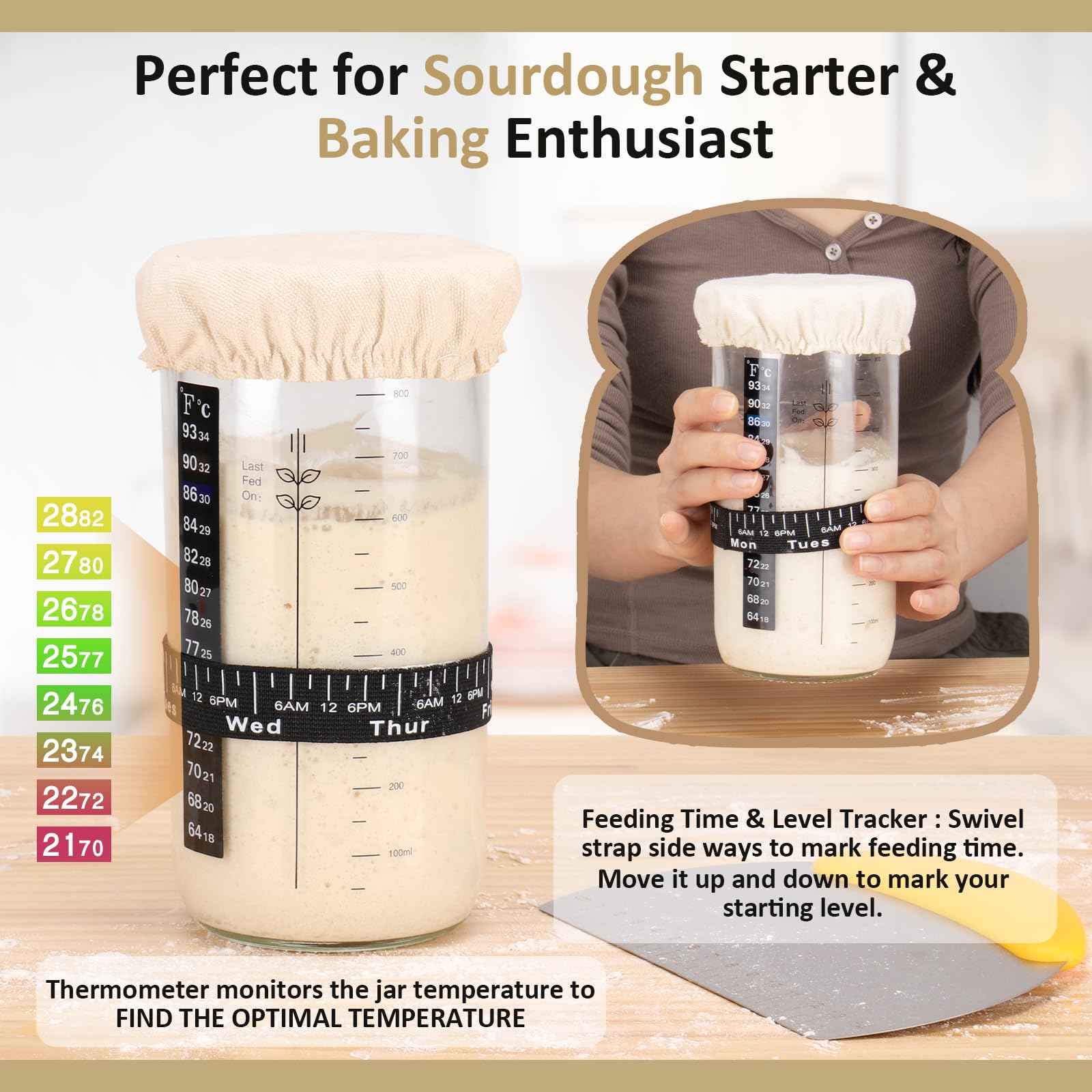 TeeMars Sourdough Bread Starter Kit - 34oz Glass Jar, 2 Proofing Baskets, Thermometer & Dough Scraper - Complete Baking Supplies for Homemade Artisan Bread | Perfect for Beginners, Home Bakers & Bread Making Enthusiasts
