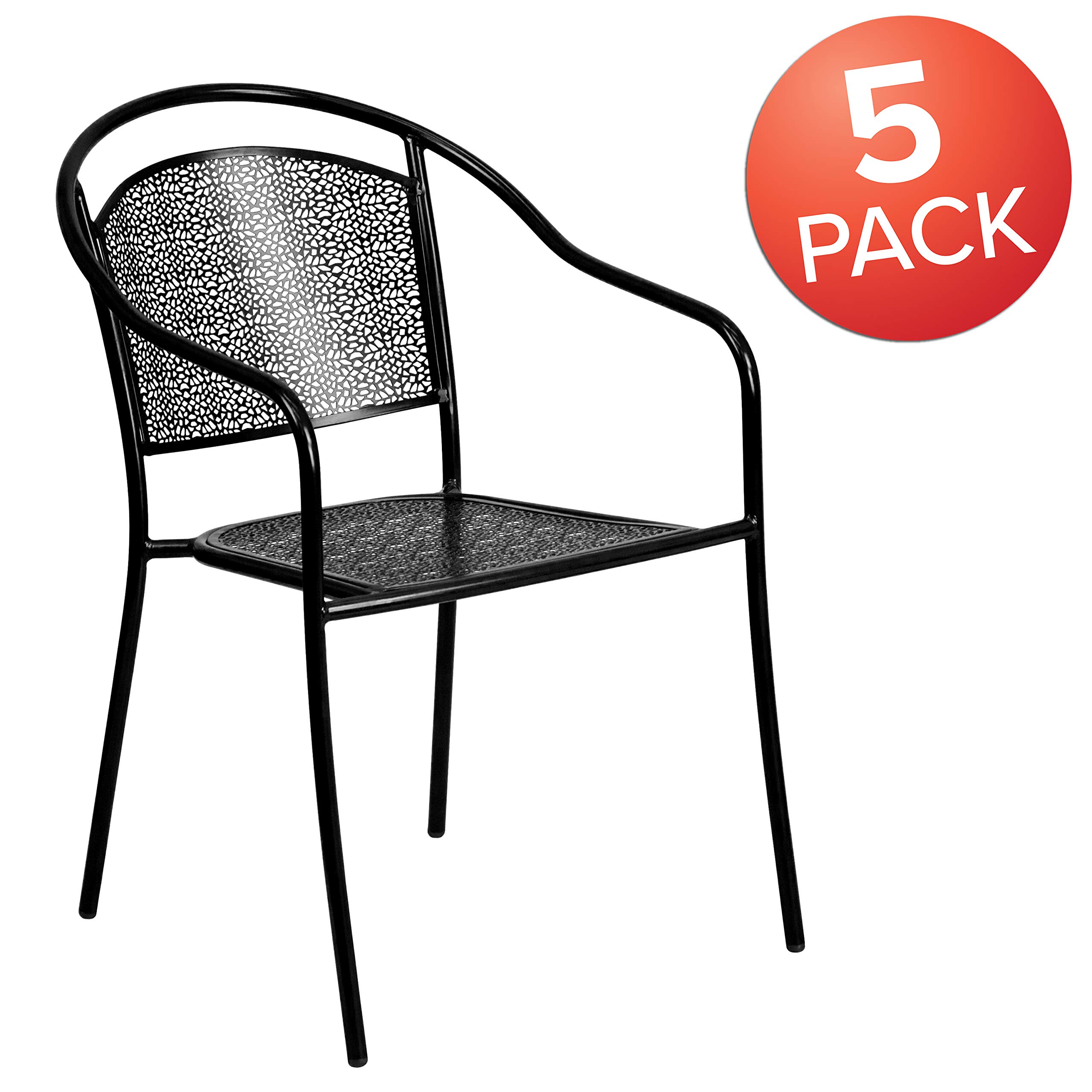 5 Pack Black Steel Indoor-Outdoor Patio Arm Chairs with Round Back - Durable Cafe Bistro Chairs for Restaurant, Garden, Balcony & Home Decor