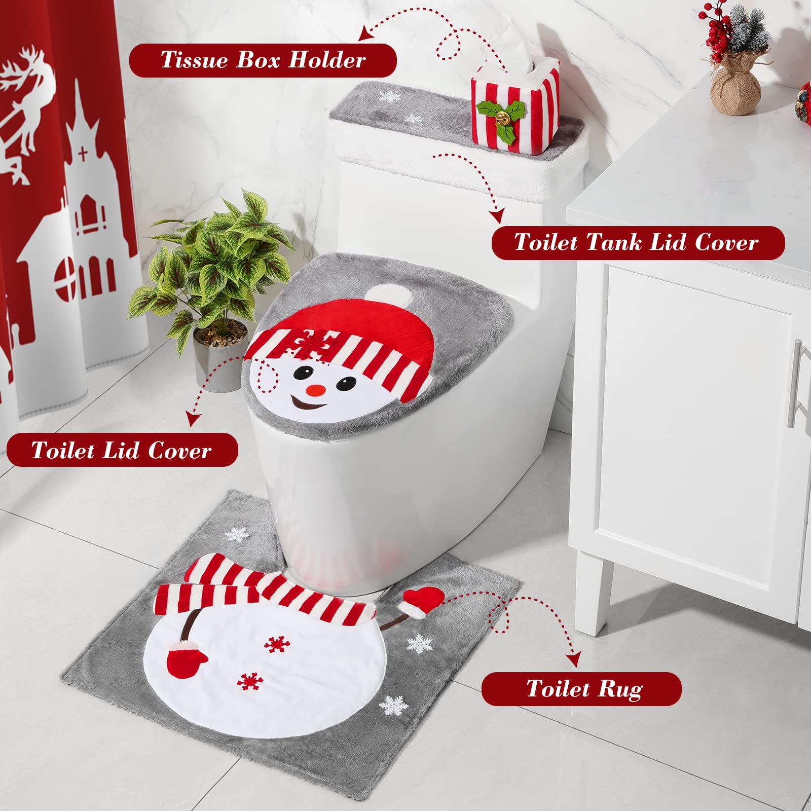 Luxspire 4-Piece Christmas Toilet Seat Cover and Bathroom Rug Set - Snowman Toilet Lid Cover, Toilet Mat, Tank Cover & Tissue Box Cover - Festive Holiday Bathroom Decor for Home, Party & Gift Giving