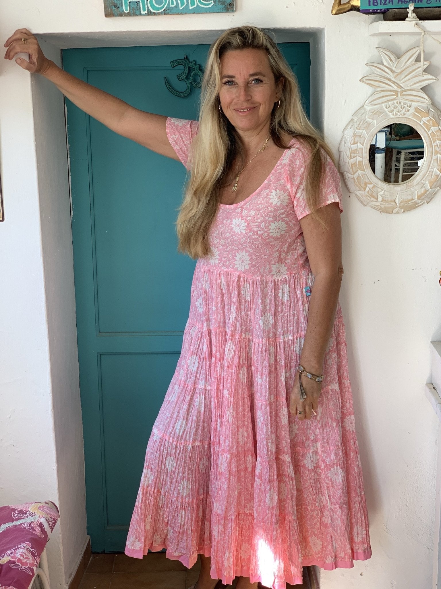 Santa Fe Jaipur Rosa Pink Block Print Cotton Dress - Perfect for Casual Wear, Boho Festivals & Summer Outfits