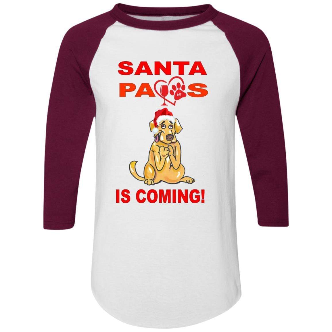 Santa Paws Is Coming Augusta Colorblock Raglan Jersey - Funny Christmas Dog Sweater for Small Medium Large Breeds - Perfect for Holiday Photos & Family Gatherings