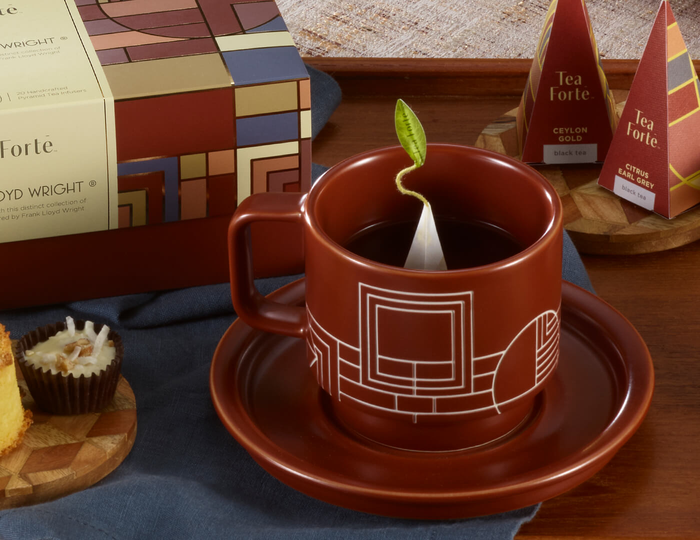 Frank Lloyd Wright Terra Teacup and Saucer Set - Mid-Century Modern Ceramic Tea Cup with Matching Saucer - Perfect for Afternoon Tea, Home Decor, and Gift Giving