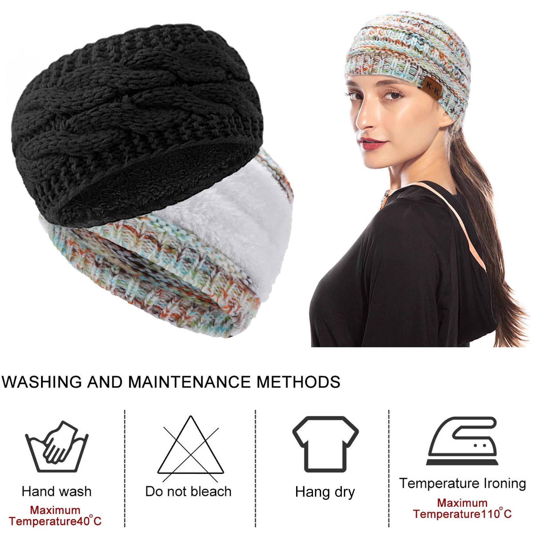 Women's Winter Knitted Headband - Fleece Lined Ear Warmer Headwrap, Crochet Turban Twist Hair Band, Stretchy & Thick for Cold Weather - Perfect for Skiing, Running & Outdoor Activities (JRTD-BK+WHF)