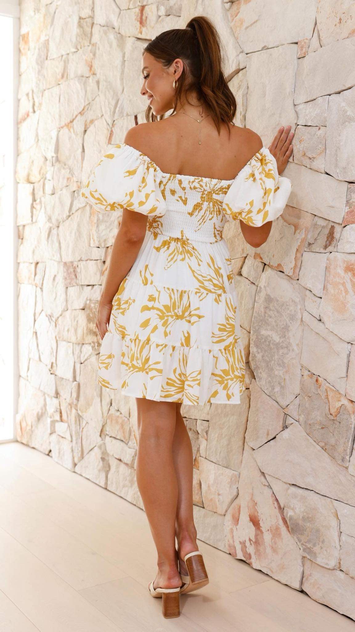Bronty Mini Dress - Yellow Floral Print Summer Dress for Women | Casual & Party Wear | Perfect for Beach, Vacation & Date Nights