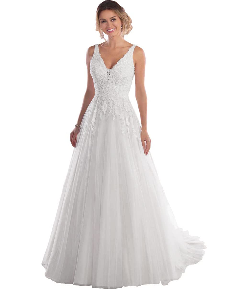 Boho Wedding Dresses for Women - A-Line V-Neck Lace Tulle Beach Bridal Gowns | Perfect for Beach Weddings, Destination Elopements & Boho-Chic Bridal Style