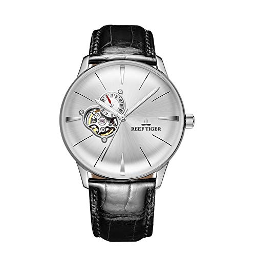 Reef Tiger Men's Automatic Dress Watch - Stainless Steel Case, Genuine Leather Strap, Convex Lens, Luxury Business Watch (Model RGA8239) | Perfect for Formal Events, Business Meetings & Special Occasions