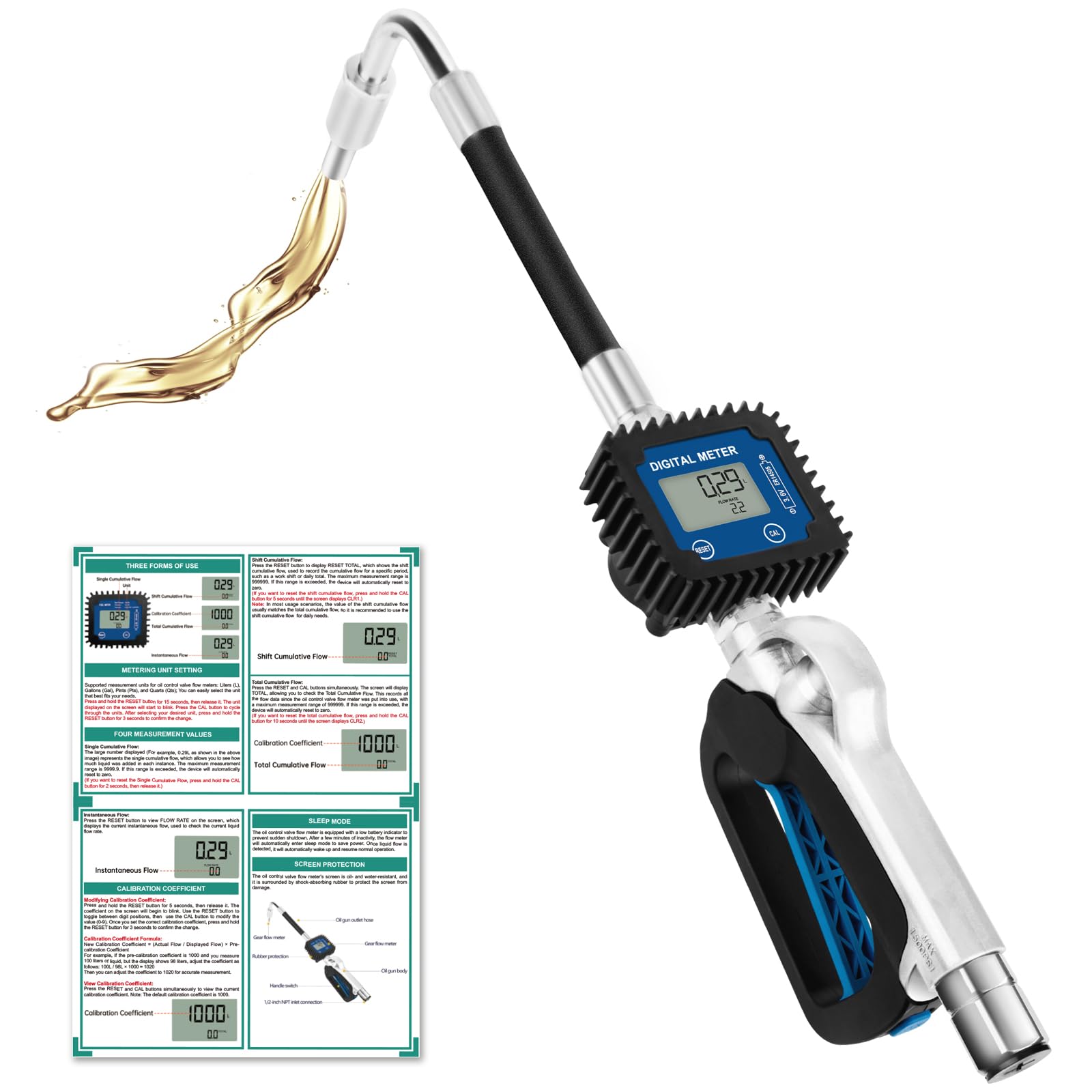 **Heavy Duty Digital Oil Control Valve Flow Meter Dispenser Nozzle - 10 GPM / 35 LPM, Air Operated Electronic Oil Metering Gun with 1/2 Inch NPT Inlet - Max Pressure 1500 PSI / 100 Bar - Ideal for Fuel Transfer, Lubrication Systems & Industrial Applications**