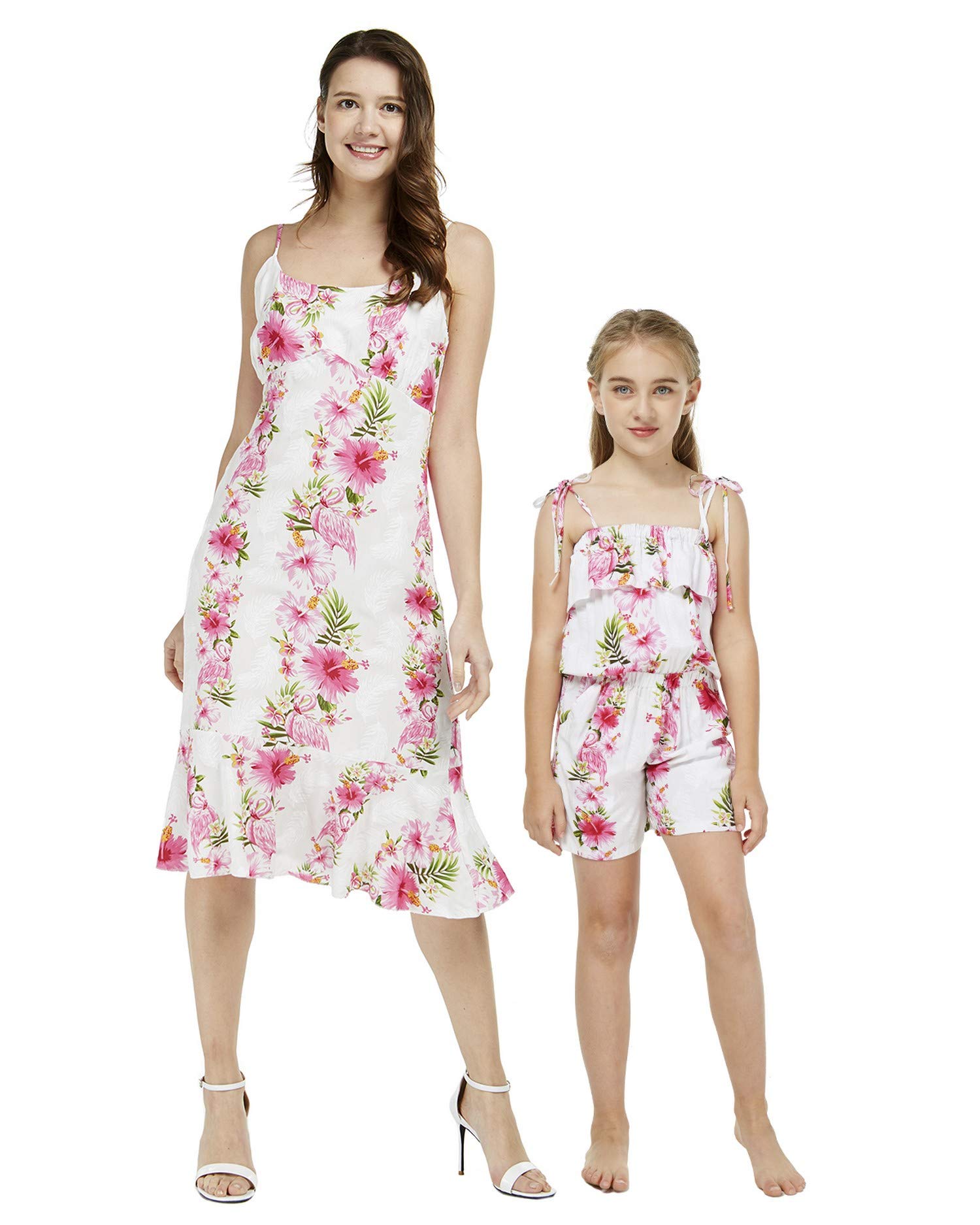 Matching Mother Daughter Mermaid Ruffle Dress and Romper Set - Pink White Hibiscus Vine Print - Perfect for Family Photos, Beach Vacations and Special Occasions