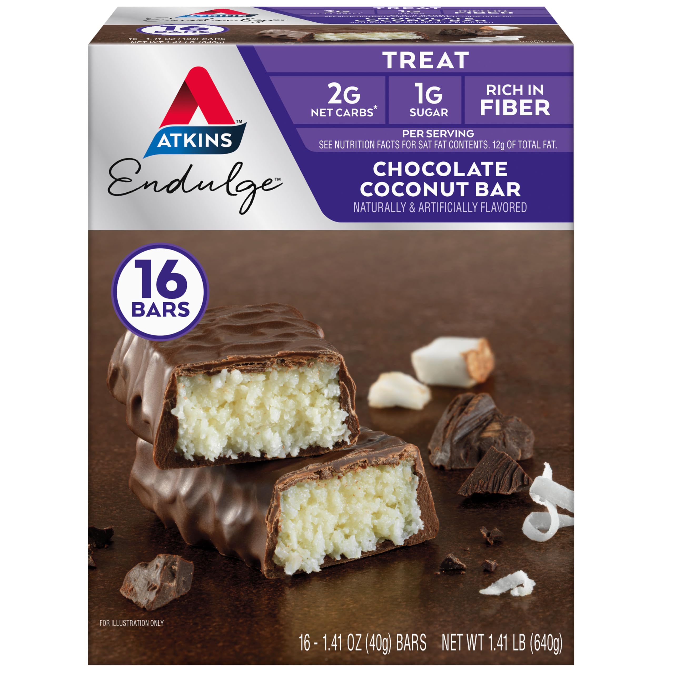 Atkins Endulge Chocolate Coconut Bar - Low Sugar High Fiber Protein Snack (16 Count) | Keto Friendly Dessert for Weight Loss & Healthy Lifestyle | Perfect for On-the-Go Energy & Post-Workout Recovery