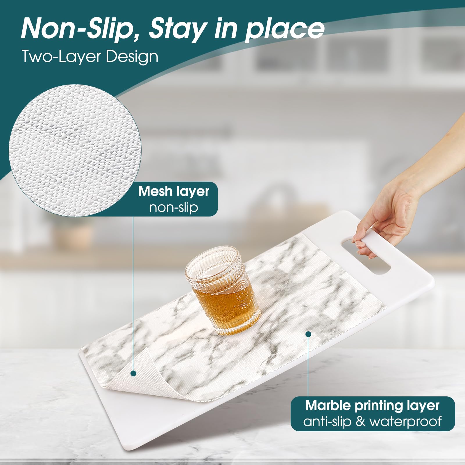 Non-Slip Drawer & Shelf Liner - Waterproof Washable Cabinet Mat for Kitchen & Bathroom - Strong Grip Non-Adhesive Shelf Protector - White Marble Pattern (12